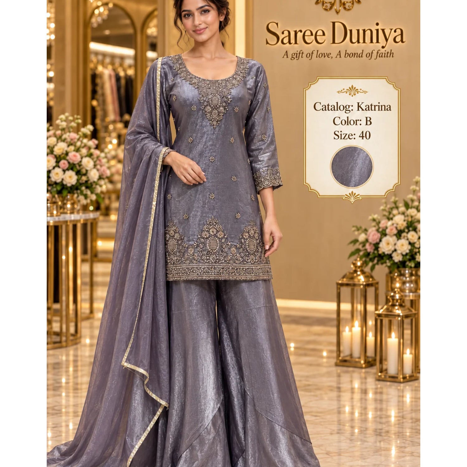 Katrina — Color B; fully stitched designer suit, size 40, shown on the Saree Duniya model.