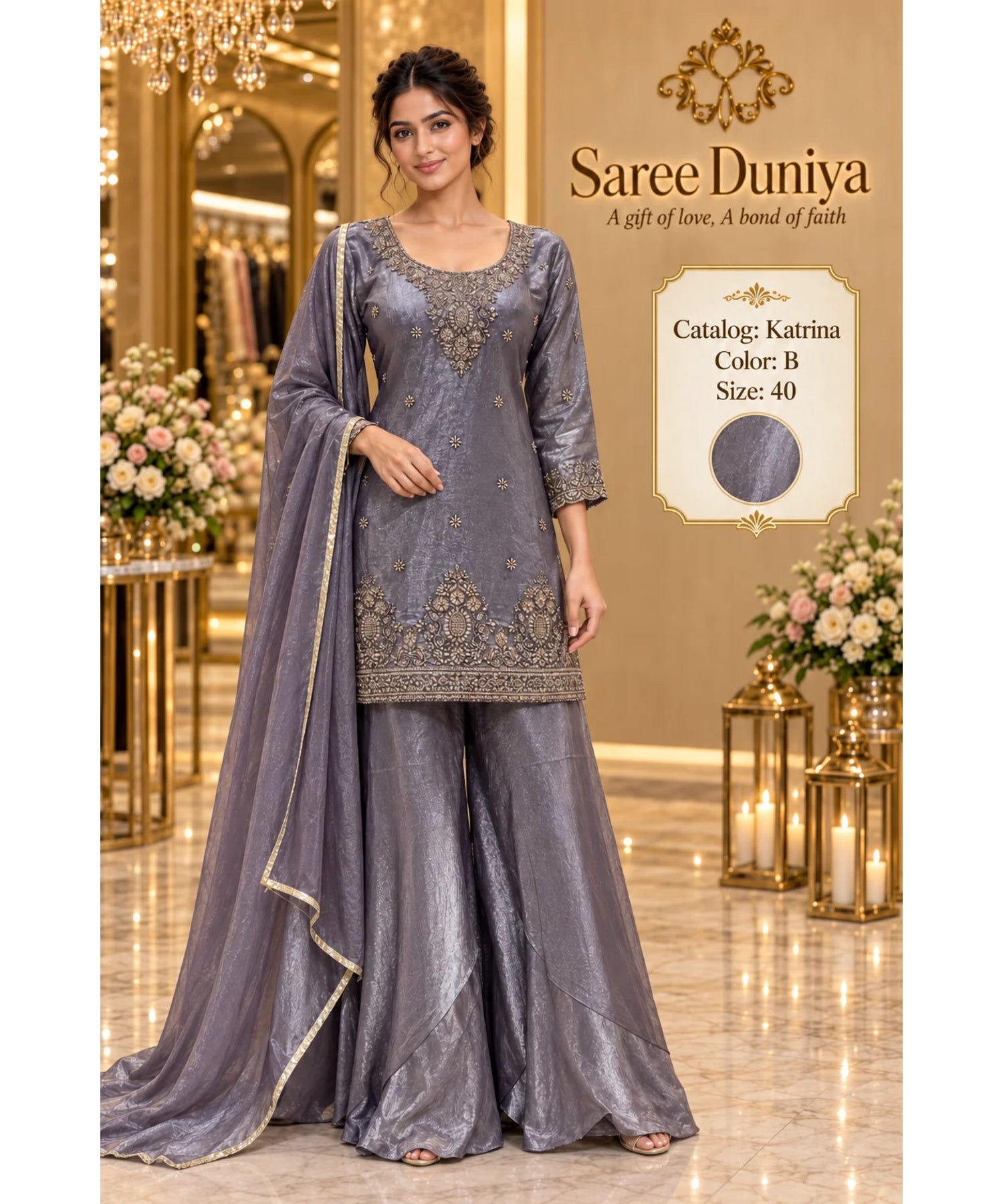 Katrina — Color B; fully stitched designer suit, size 40, shown on the Saree Duniya model.