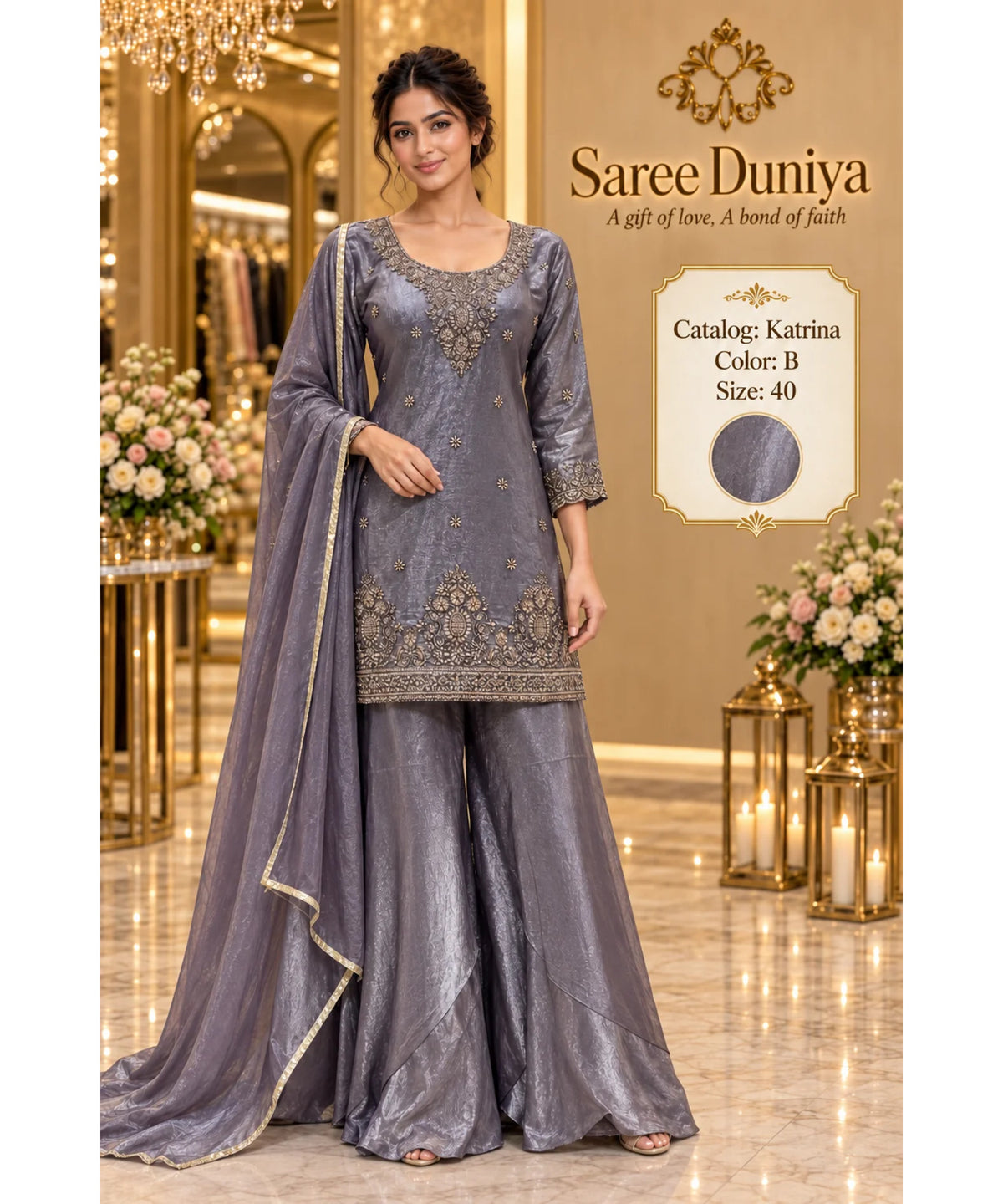 Katrina — Color B; fully stitched designer suit, size 40, shown on the Saree Duniya model.