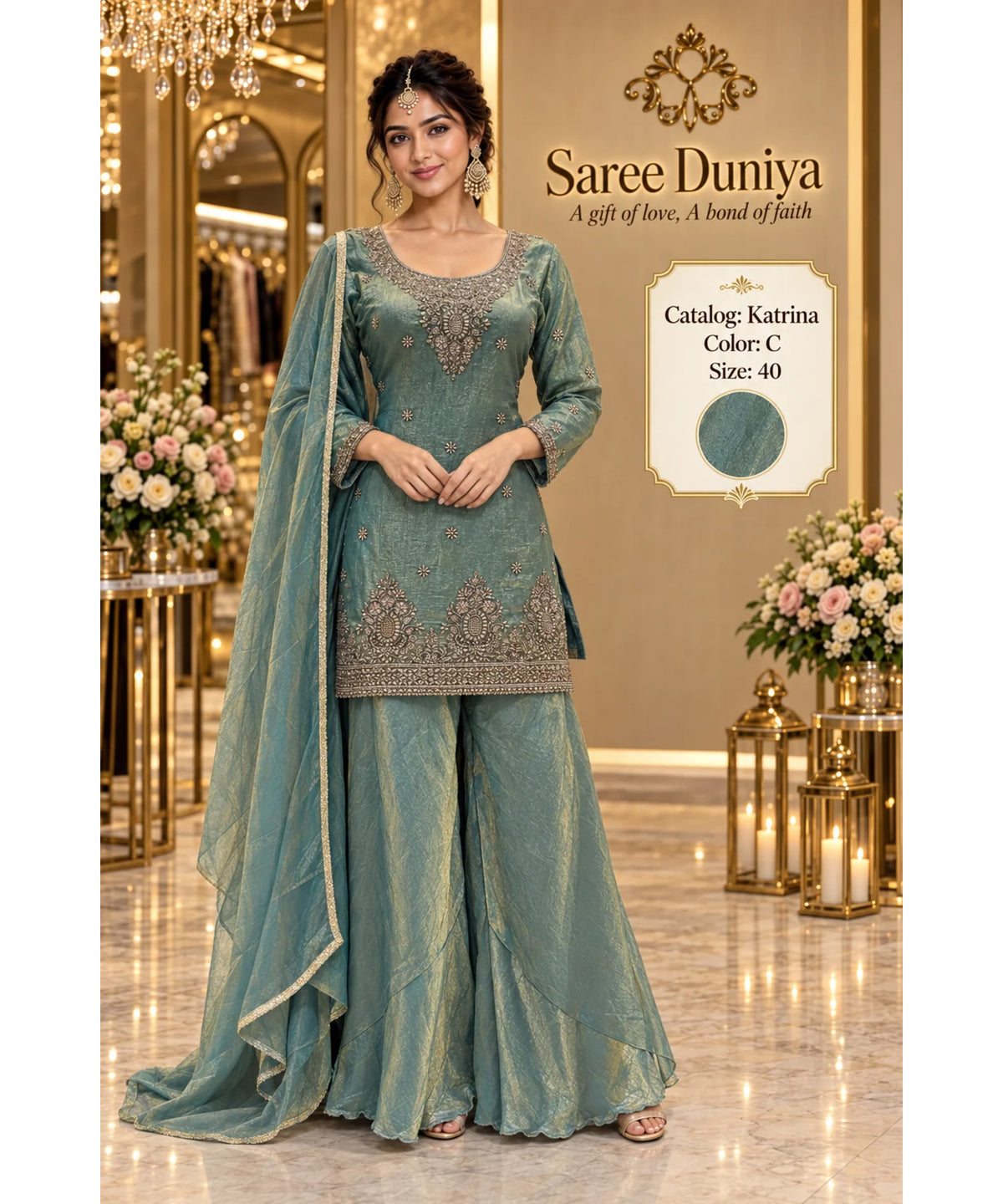 Katrina — Color C; fully stitched designer suit, size 40, shown on the Saree Duniya model.