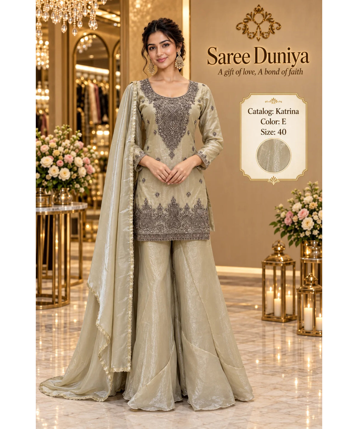 Katrina — Color E; fully stitched designer suit, size 40, shown on the Saree Duniya model.
