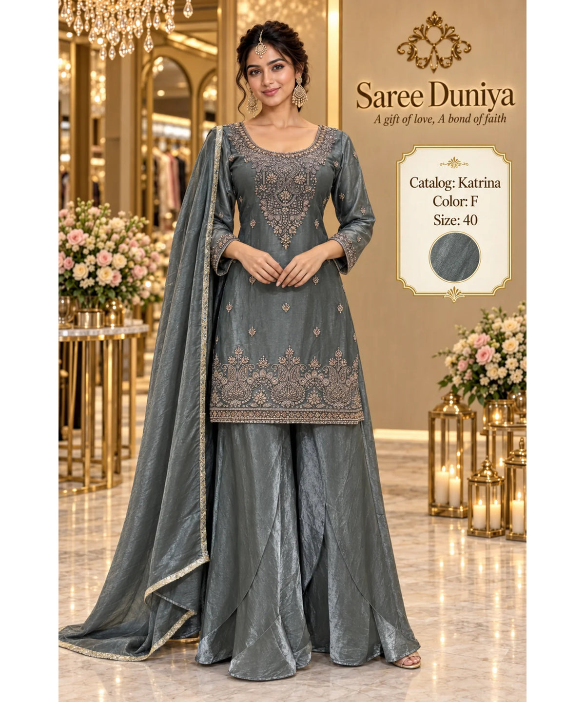 Katrina — Color F; fully stitched designer suit, size 40, shown on the Saree Duniya model.