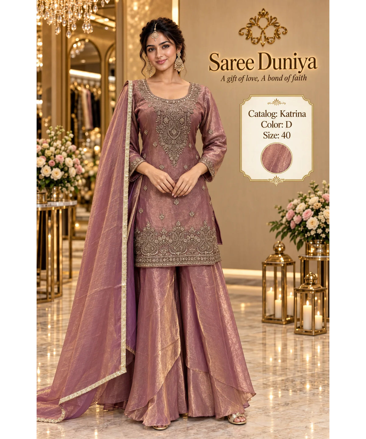 Katrina — Color D; fully stitched designer suit, size 40, shown on the Saree Duniya model.