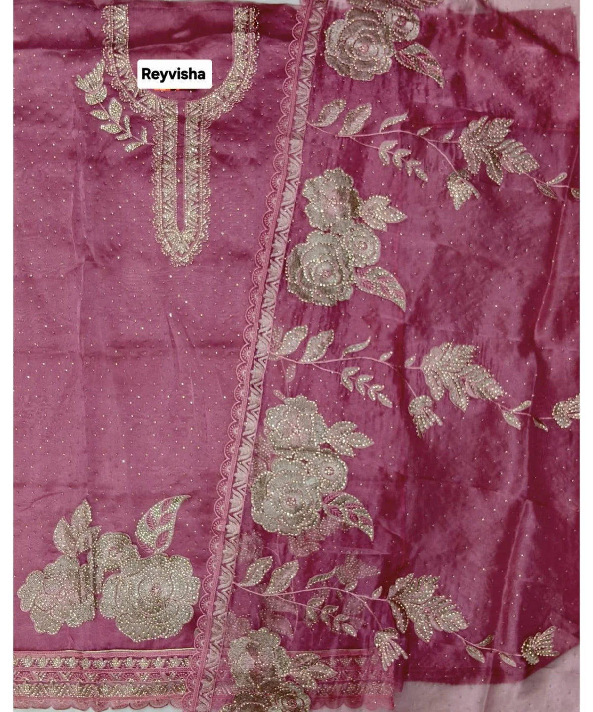 Reyvisha Zarkan stonework unstitched fabric and floral dupatta – original detail photograph