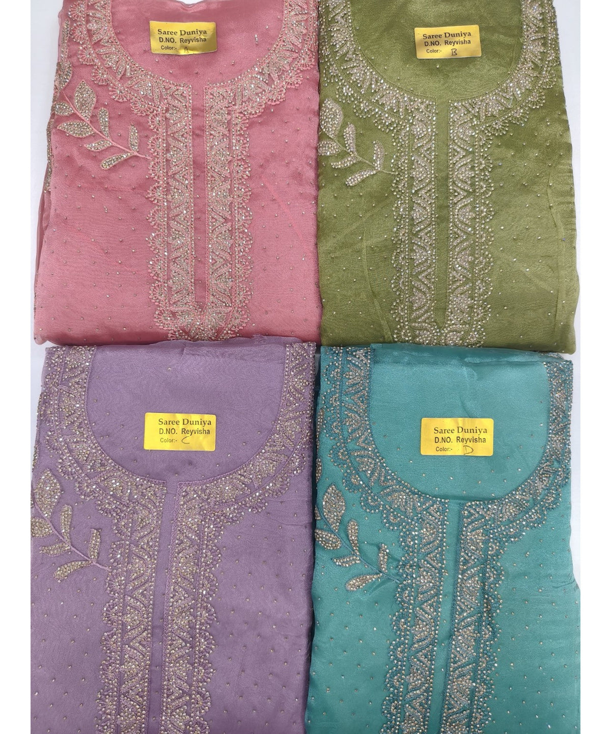 Reyvisha original unstitched fabric colors: A Dusty Rose Pink, B Olive Green, C Lavender, D Turquoise