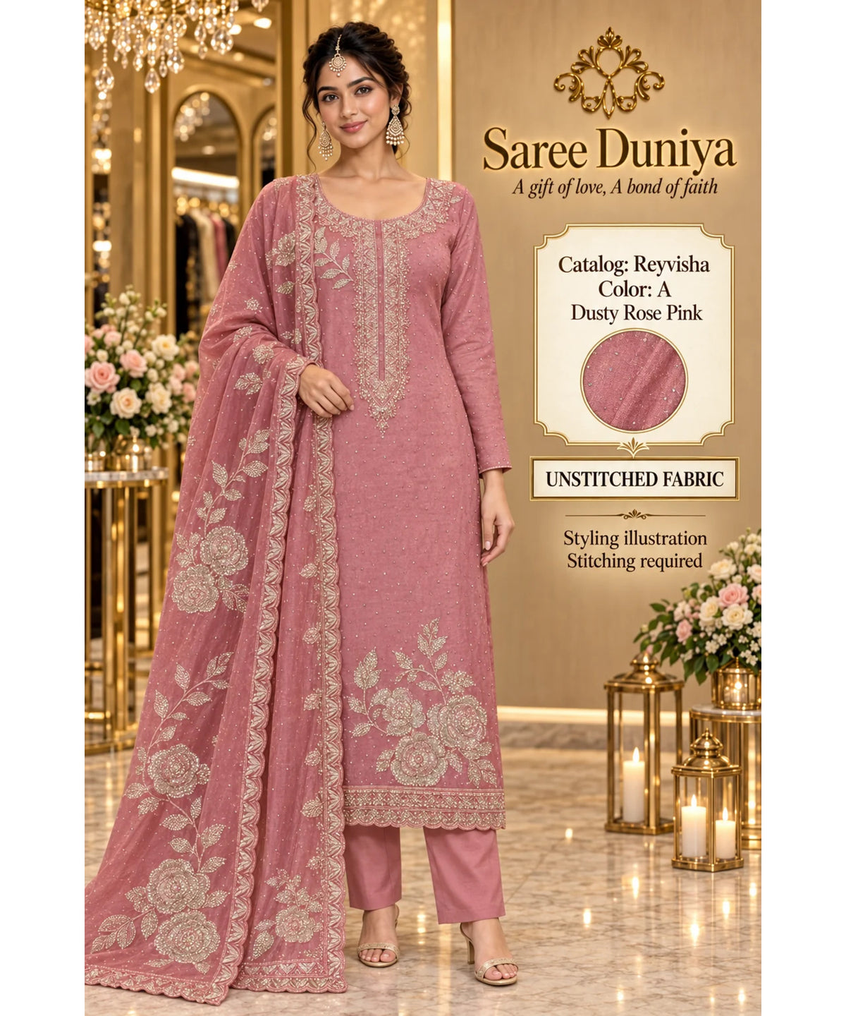 Reyvisha Color A Dusty Rose Pink – model styling illustration; sold as unstitched fabric, stitching required