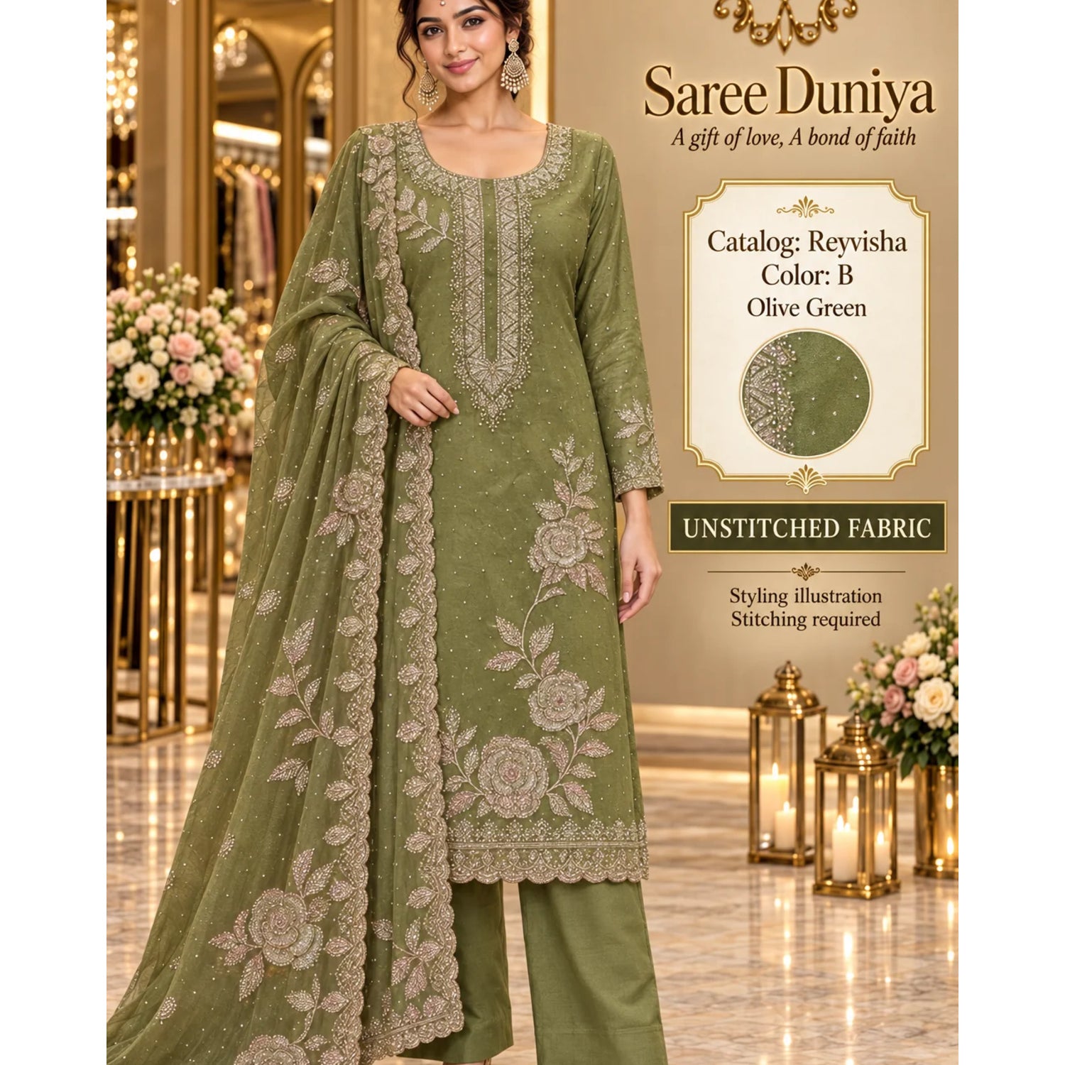Reyvisha Color B Olive Green – model styling illustration; sold as unstitched fabric, stitching required