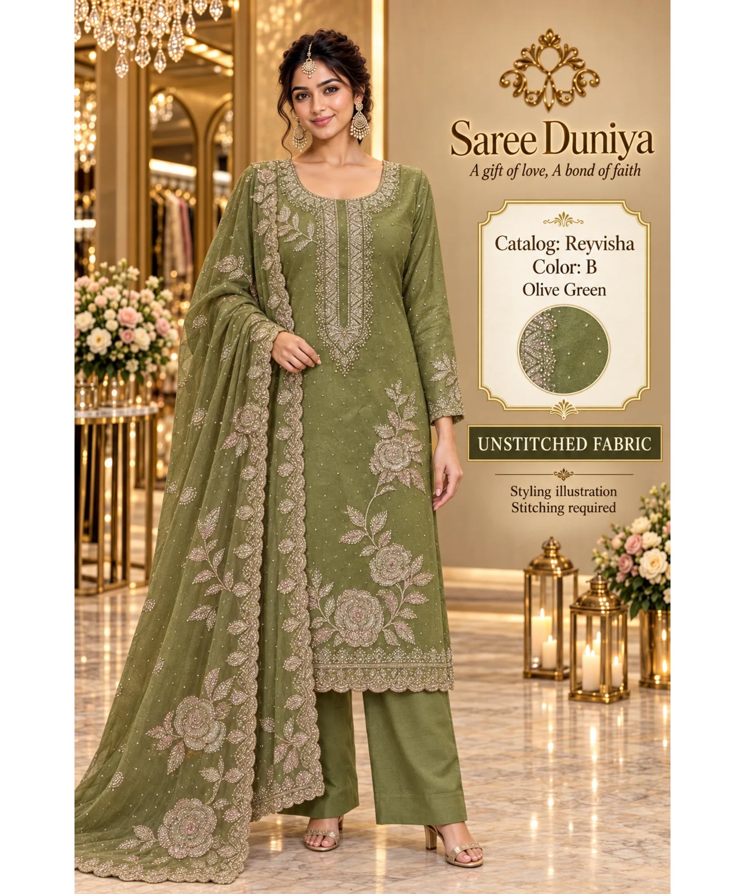 Reyvisha Color B Olive Green – model styling illustration; sold as unstitched fabric, stitching required