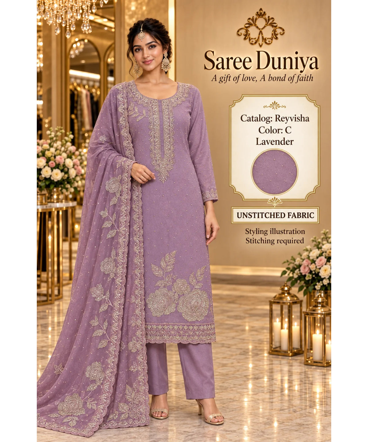 Reyvisha Color C Lavender – model styling illustration; sold as unstitched fabric, stitching required