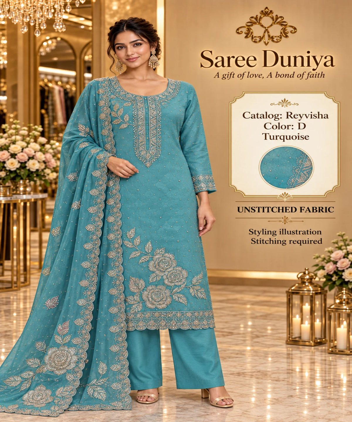 Reyvisha Color D Turquoise – model styling illustration; sold as unstitched fabric, stitching required