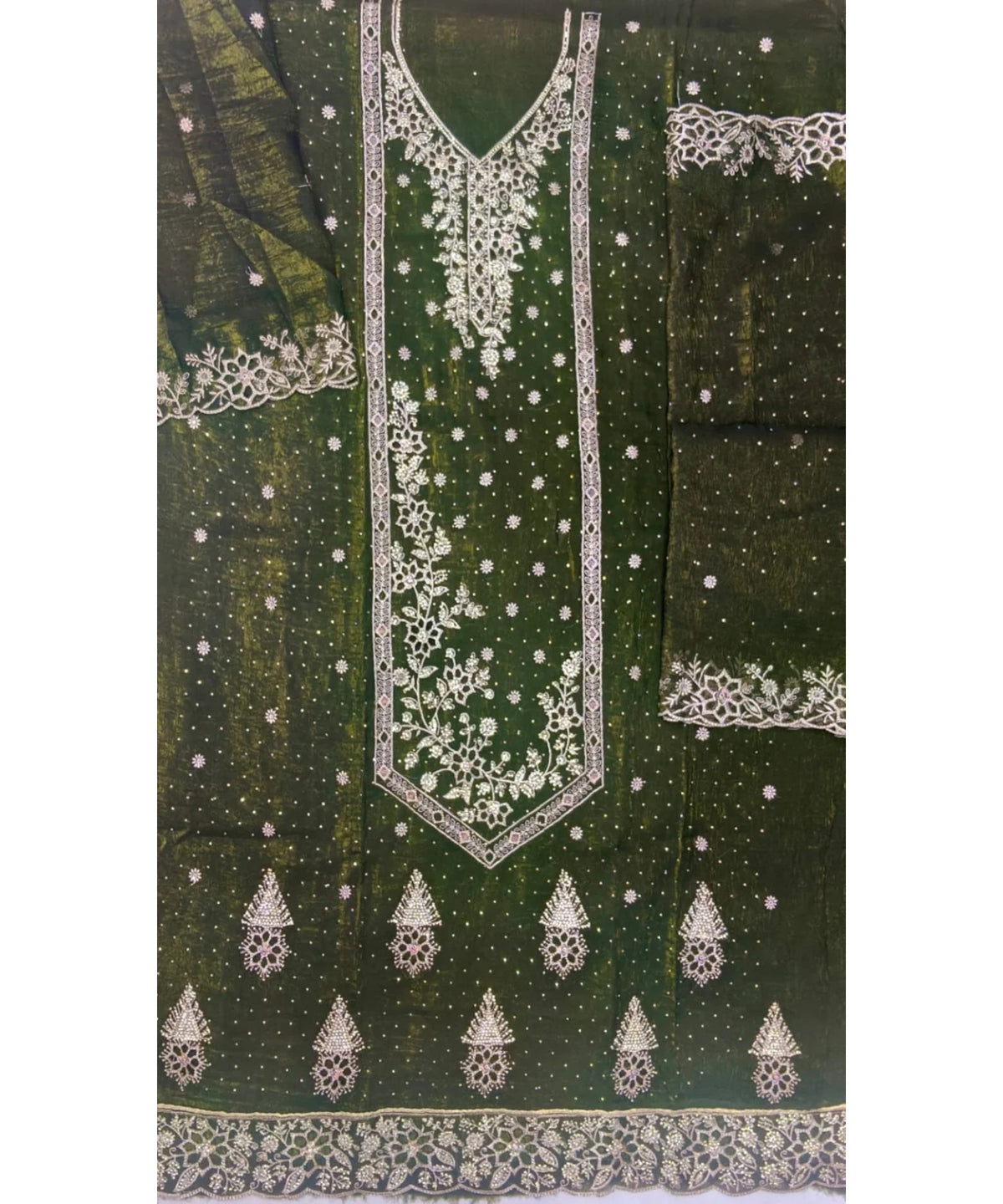 Vihaara Color D – Dark Olive Green original unstitched fabric detail with Zarkan stonework.