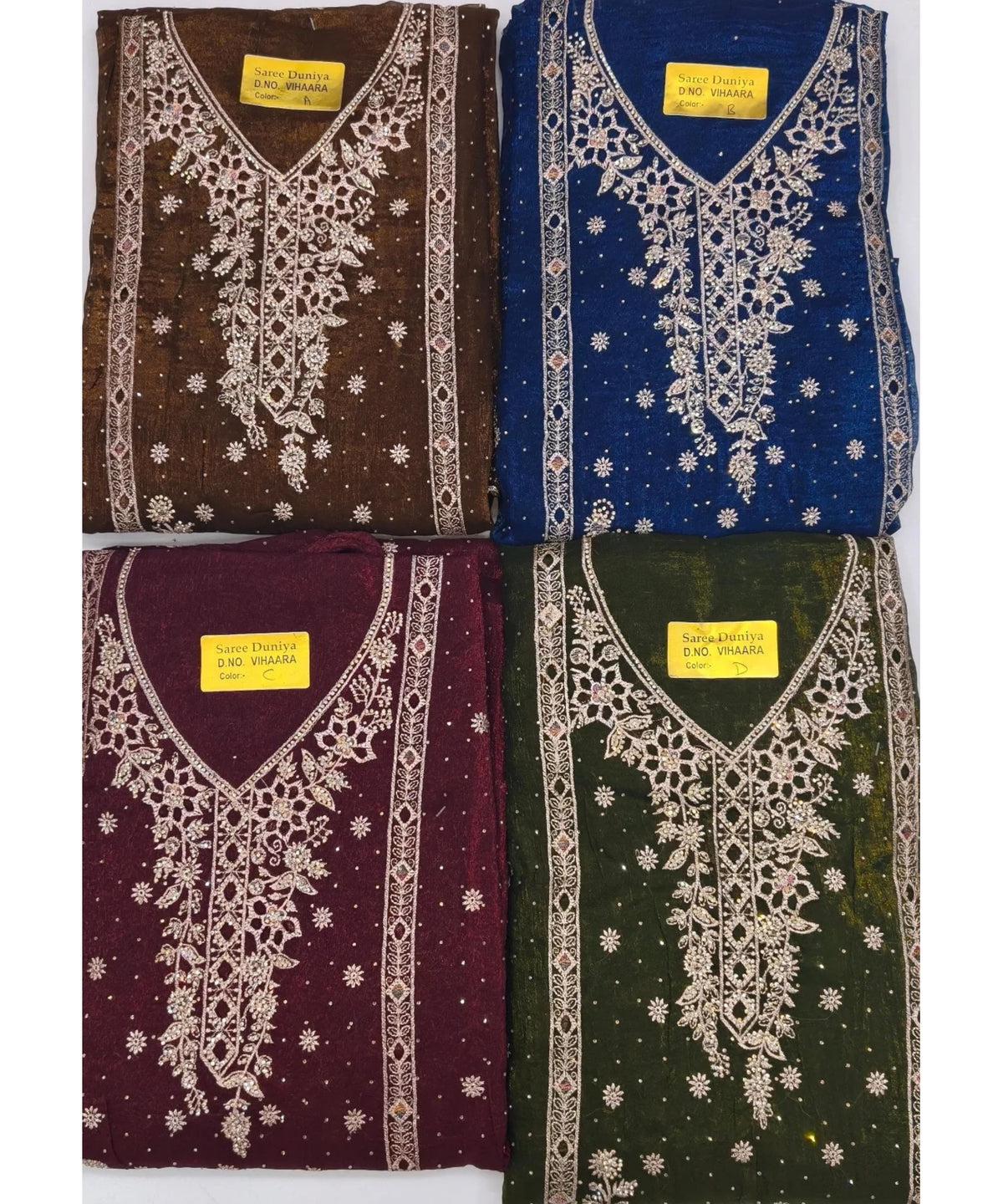 Vihaara original unstitched fabrics: A Chocolate Brown, B Royal Blue, C Wine and D Dark Olive Green.