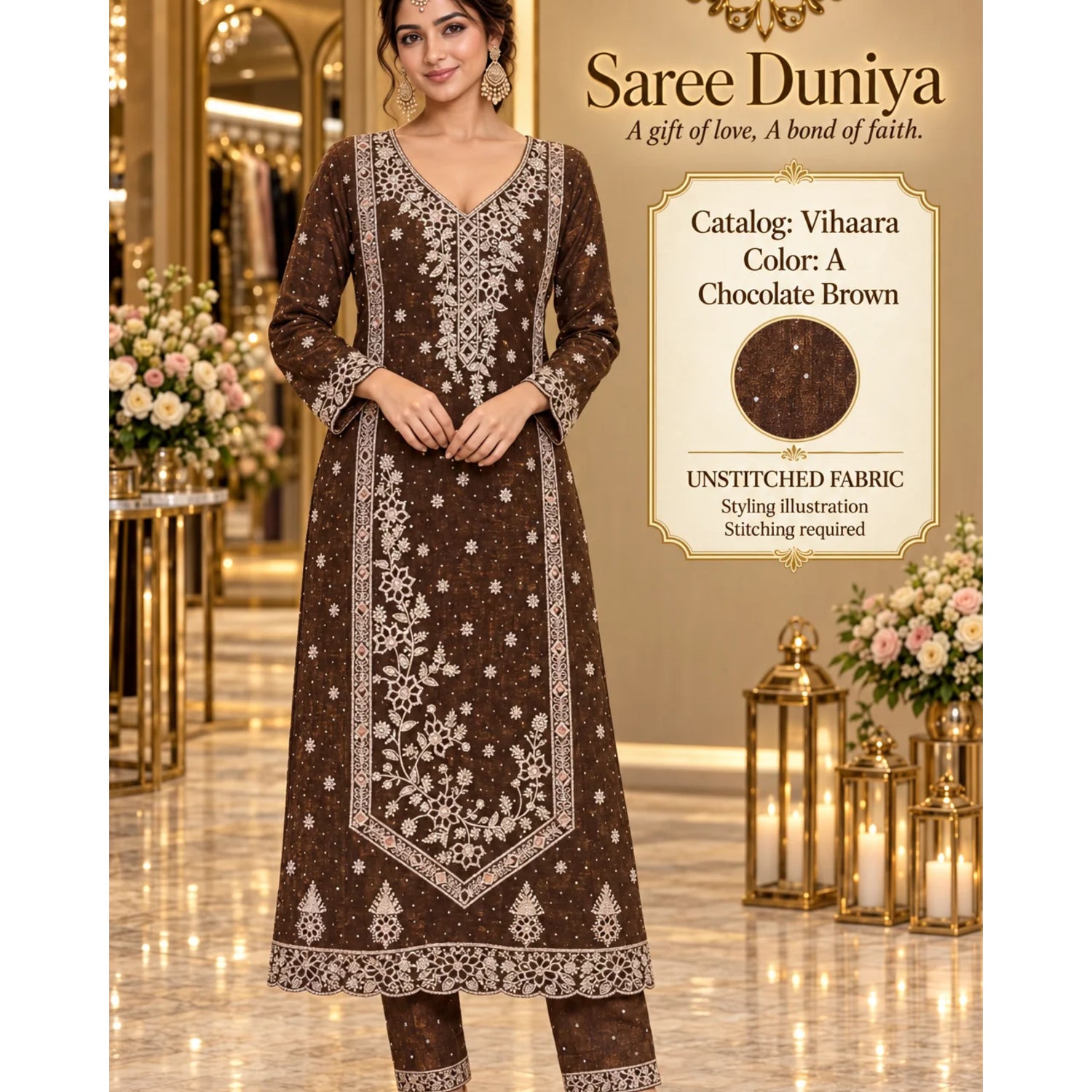 Vihaara Color A – Chocolate Brown – model styling illustration; sold as unstitched fabric, stitching required.