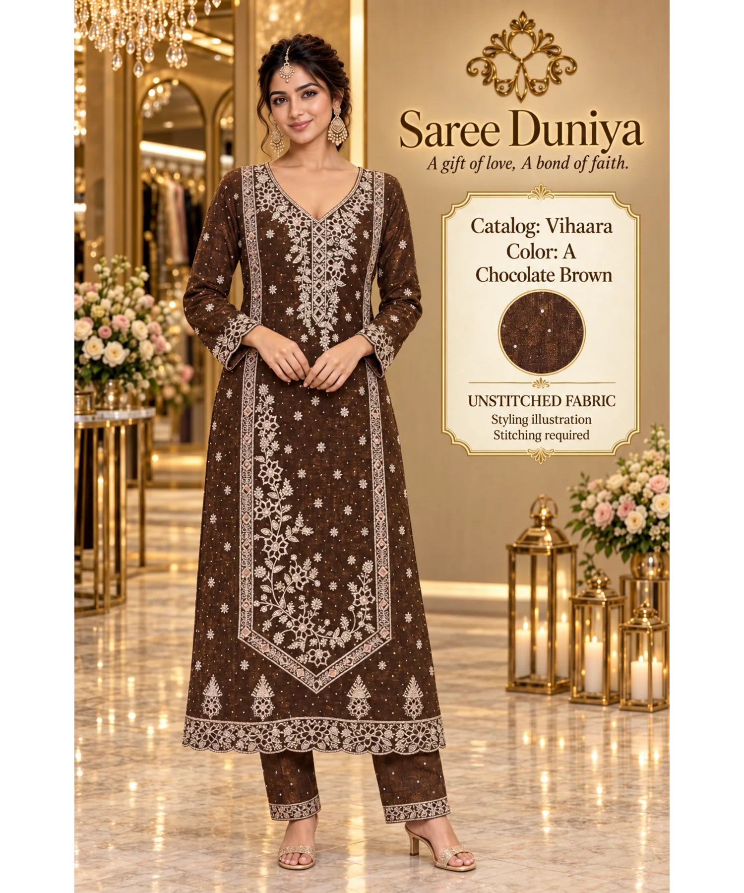 Vihaara Color A – Chocolate Brown – model styling illustration; sold as unstitched fabric, stitching required.