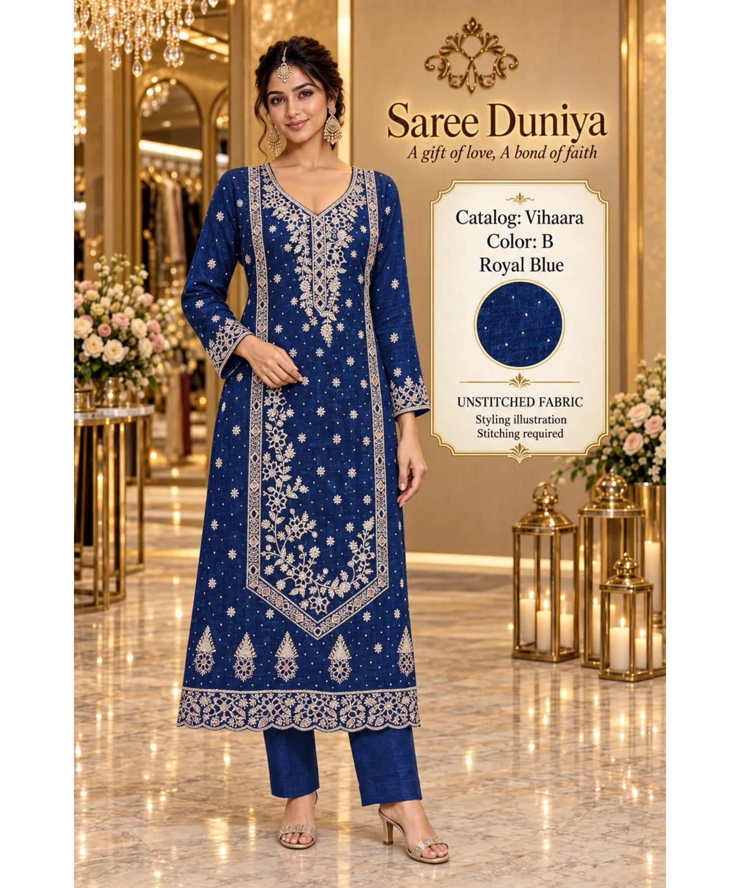 Vihaara Color B – Royal Blue – model styling illustration; sold as unstitched fabric, stitching required.
