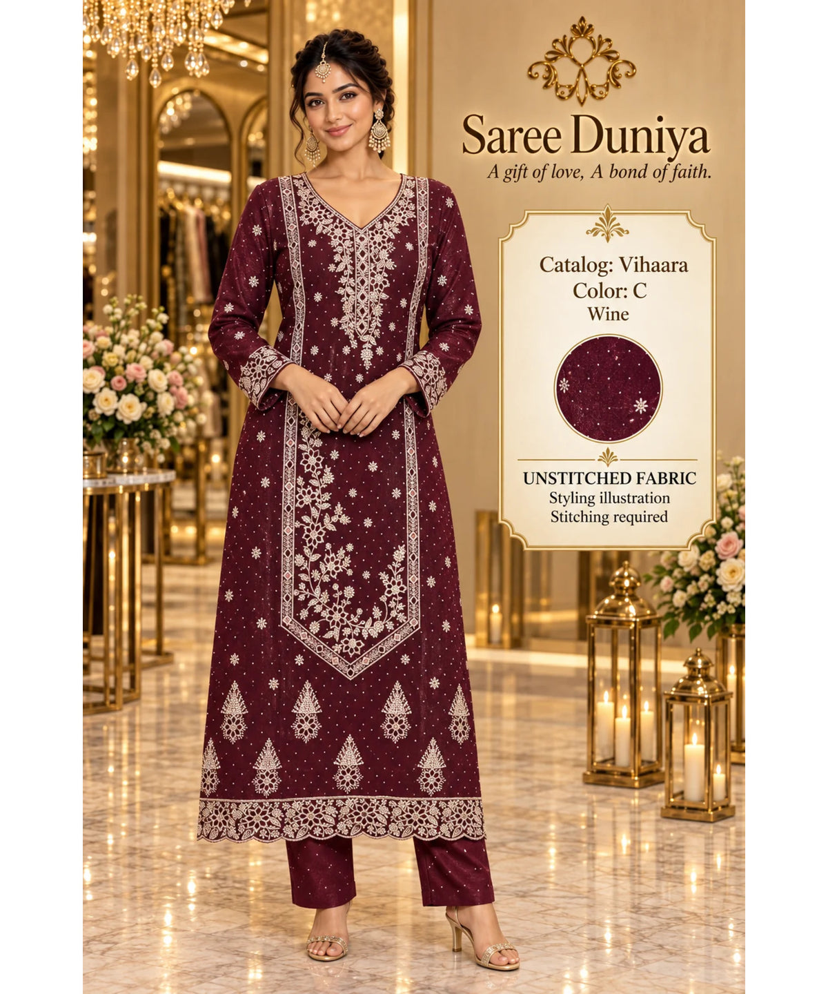 Vihaara Color C – Wine – model styling illustration; sold as unstitched fabric, stitching required.
