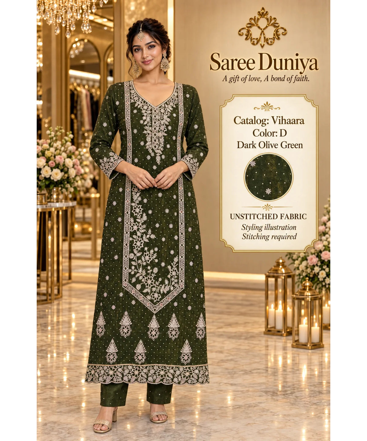 Vihaara Color D – Dark Olive Green – model styling illustration; sold as unstitched fabric, stitching required.