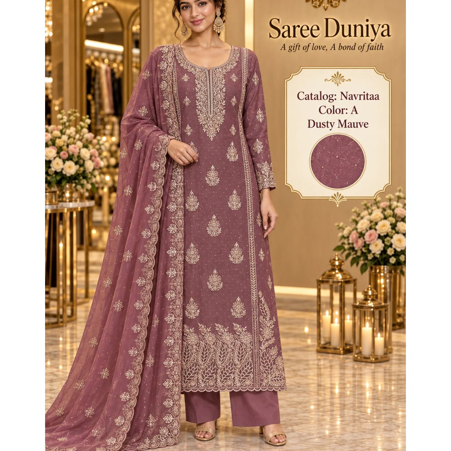Navritaa — A – Dusty Mauve; Saree Duniya model styling illustration. Unstitched fabric; stitching required.