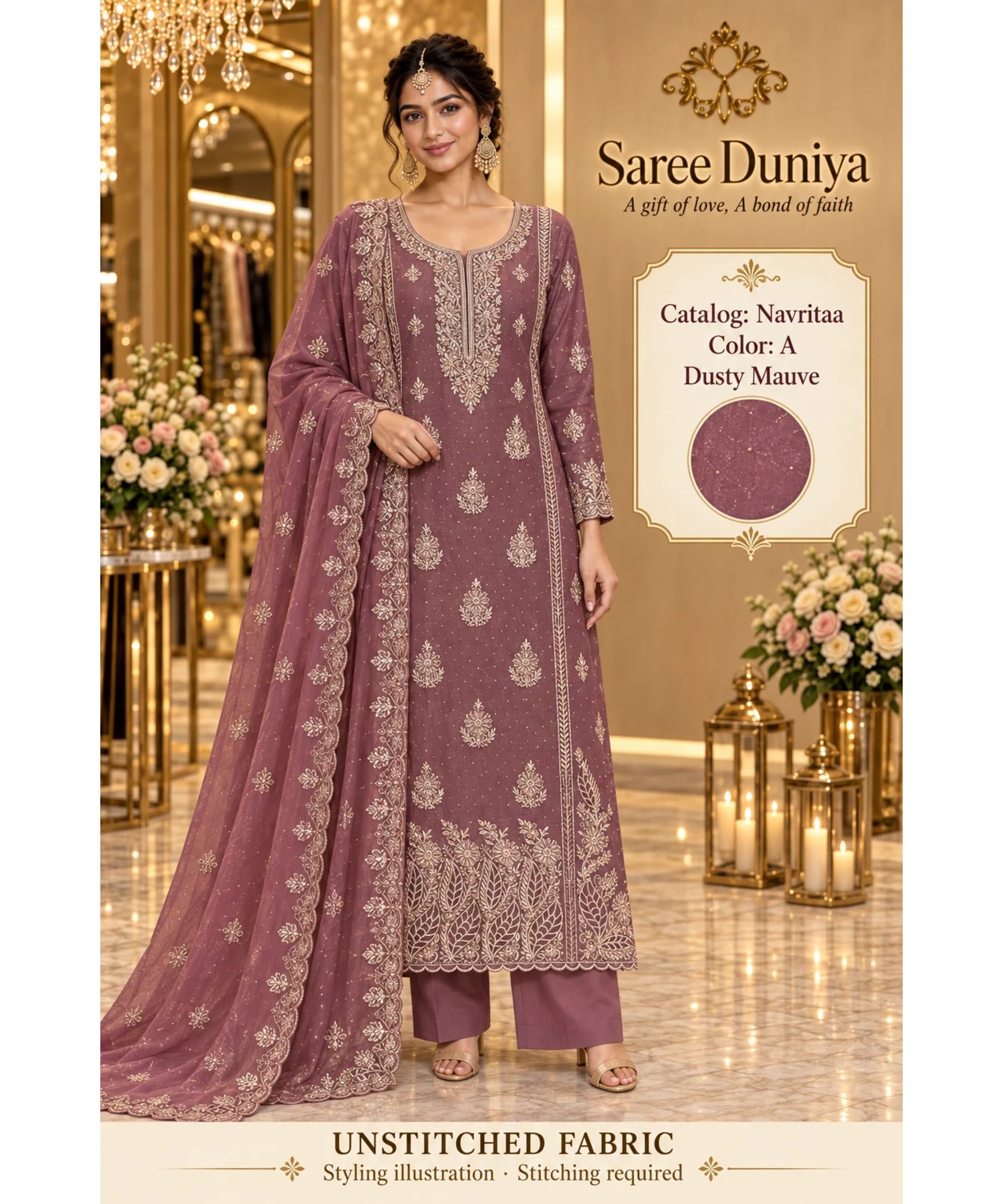 Navritaa — A – Dusty Mauve; Saree Duniya model styling illustration. Unstitched fabric; stitching required.