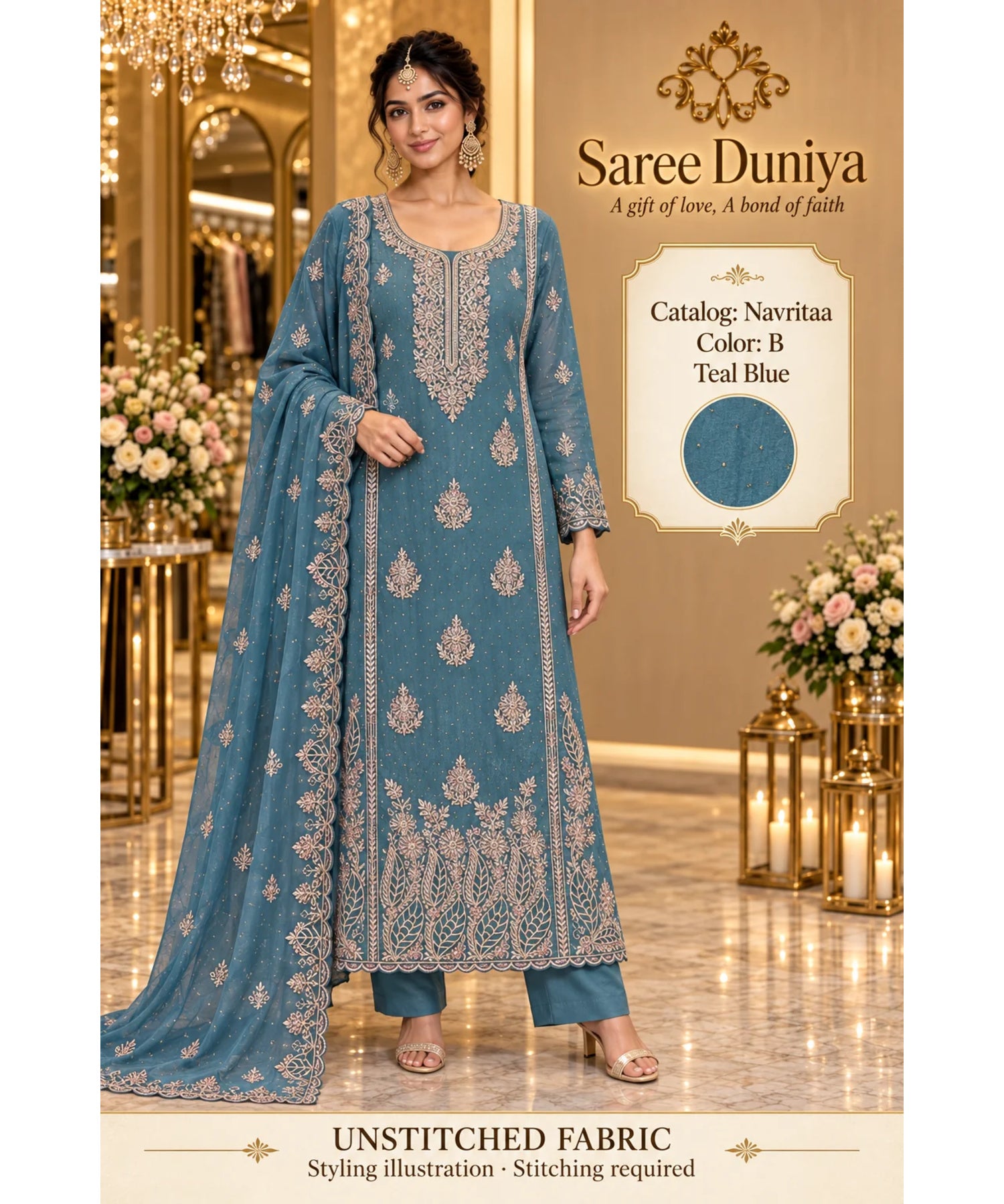 Navritaa — B – Teal Blue; Saree Duniya model styling illustration. Unstitched fabric; stitching required.