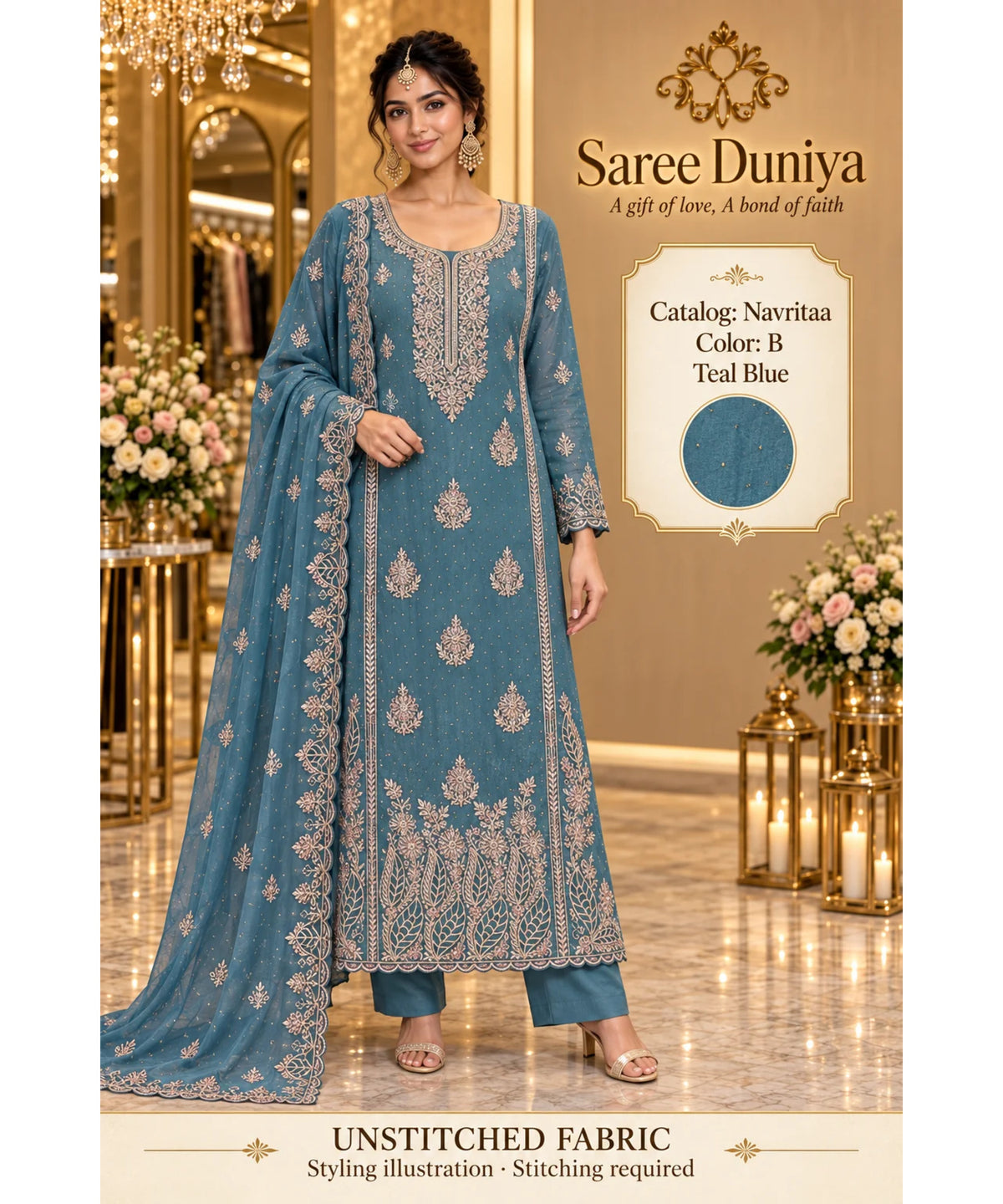 Navritaa — B – Teal Blue; Saree Duniya model styling illustration. Unstitched fabric; stitching required.