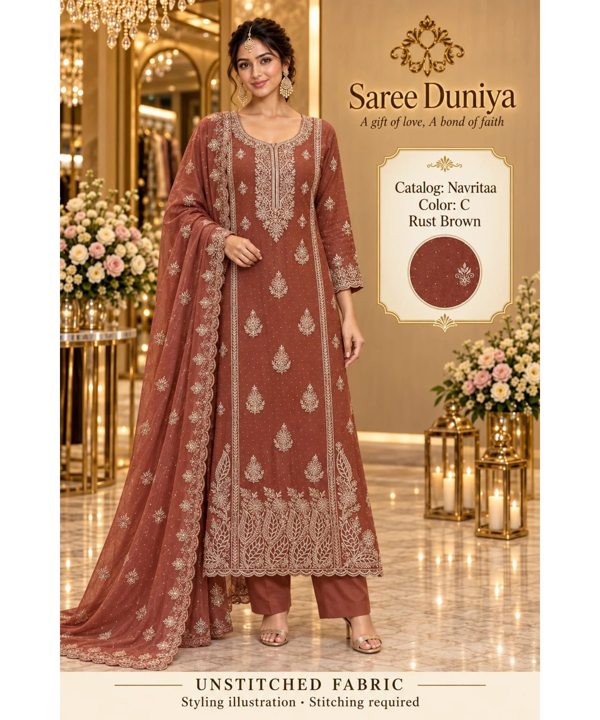 Navritaa — C – Rust Brown; Saree Duniya model styling illustration. Unstitched fabric; stitching required.