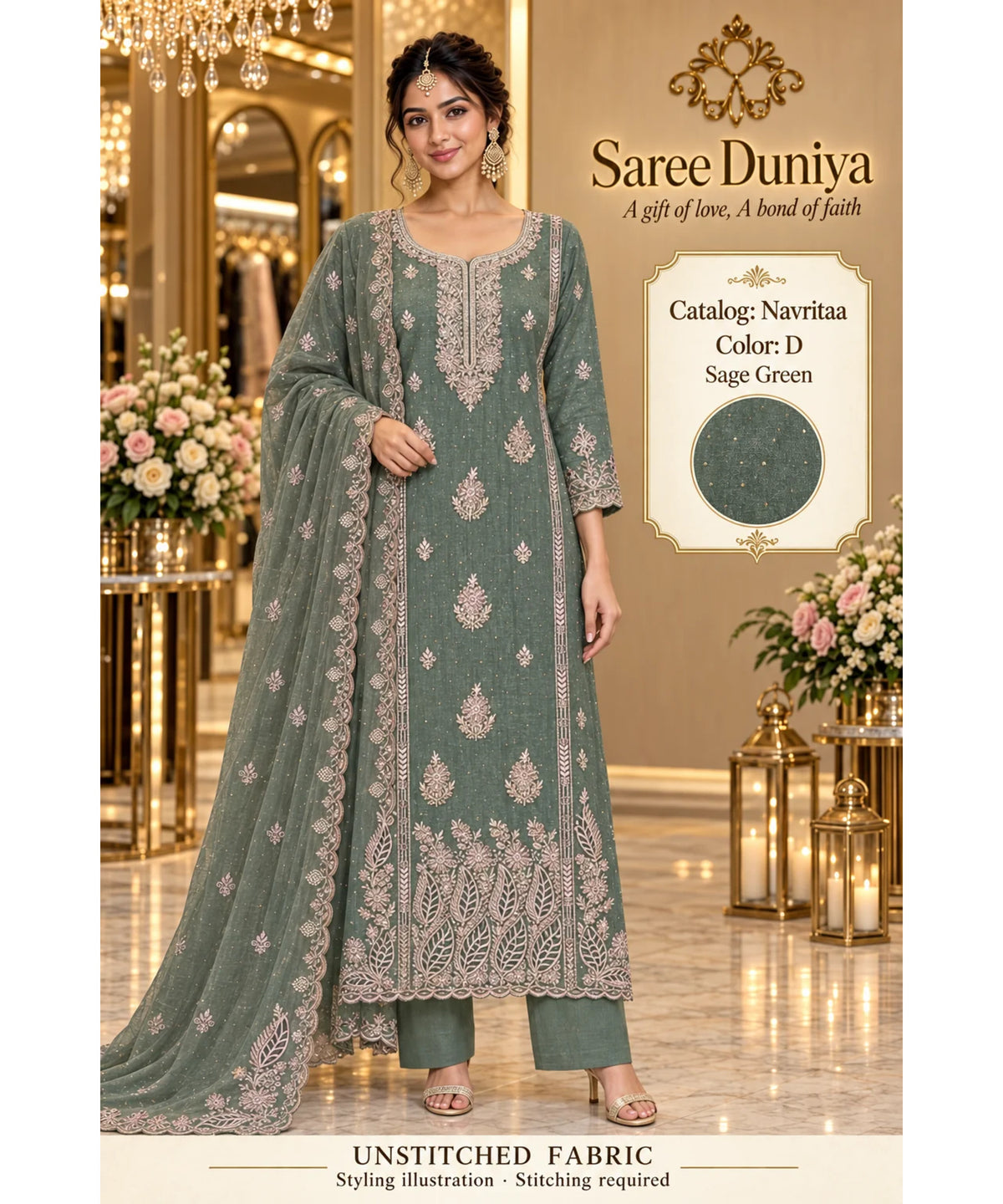Navritaa — D – Sage Green; Saree Duniya model styling illustration. Unstitched fabric; stitching required.