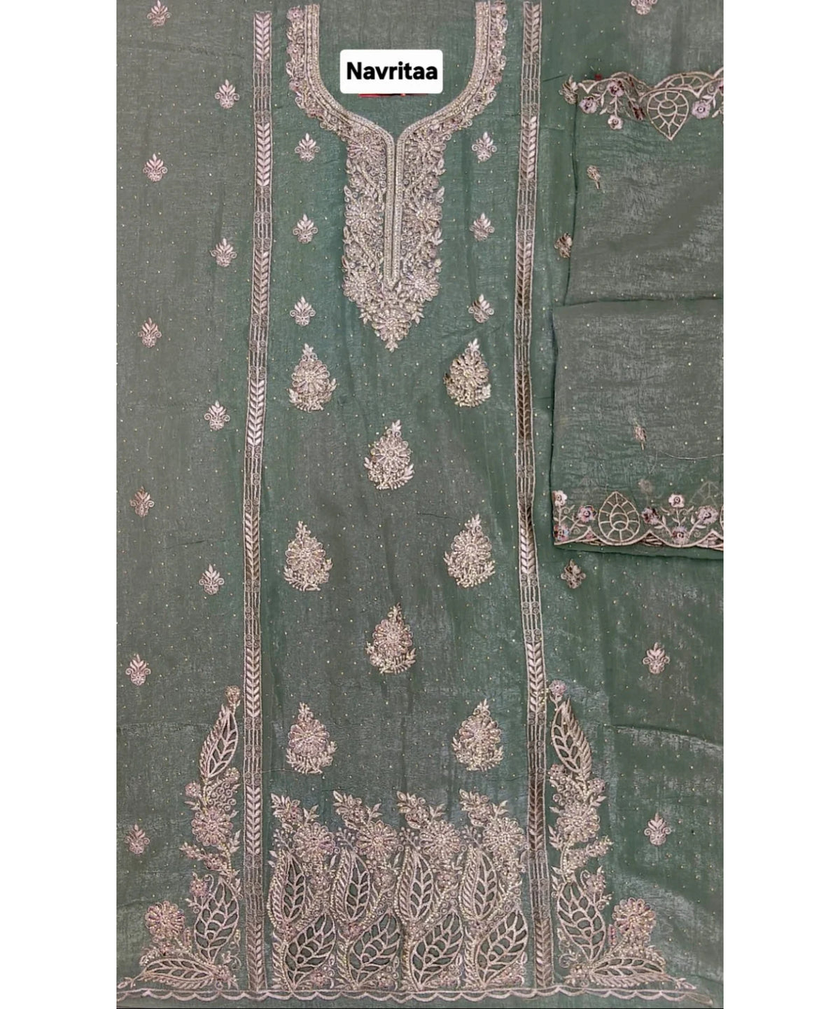 Navritaa — D – Sage Green; supplied original unstitched fabric detail showing neckline, stonework and border.