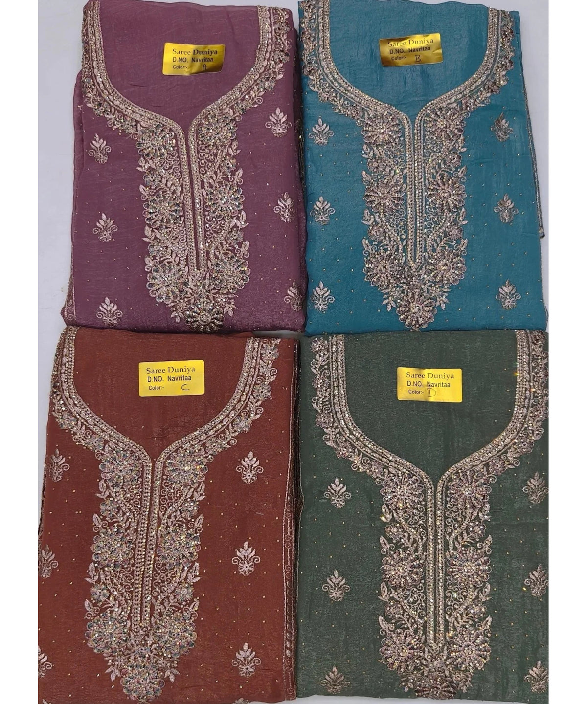 Navritaa original fabric color chart: A Dusty Mauve, B Teal Blue, C Rust Brown, D Sage Green.