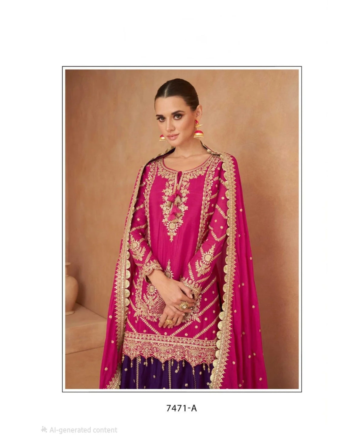 Khanak — style 7471-A; original close-up of the magenta top, gold-toned embroidery and coordinating dupatta.