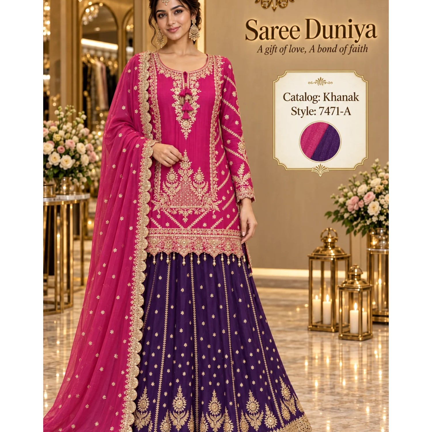 Khanak — style 7471-A, magenta and deep-purple fully stitched top and lehenga set, shown on the Saree Duniya model.