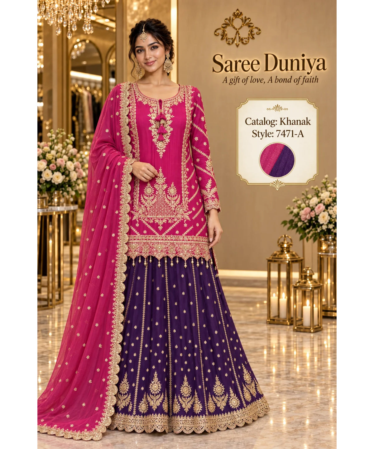 Khanak — style 7471-A, magenta and deep-purple fully stitched top and lehenga set, shown on the Saree Duniya model.
