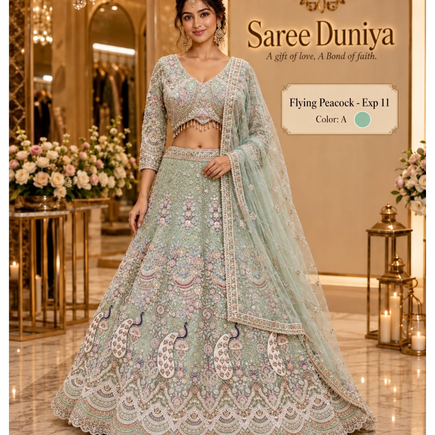 Saree Duniya Flying Peacock - Exp 11, Color A, size 44 - full-length model wearing embroidered peacock lehenga