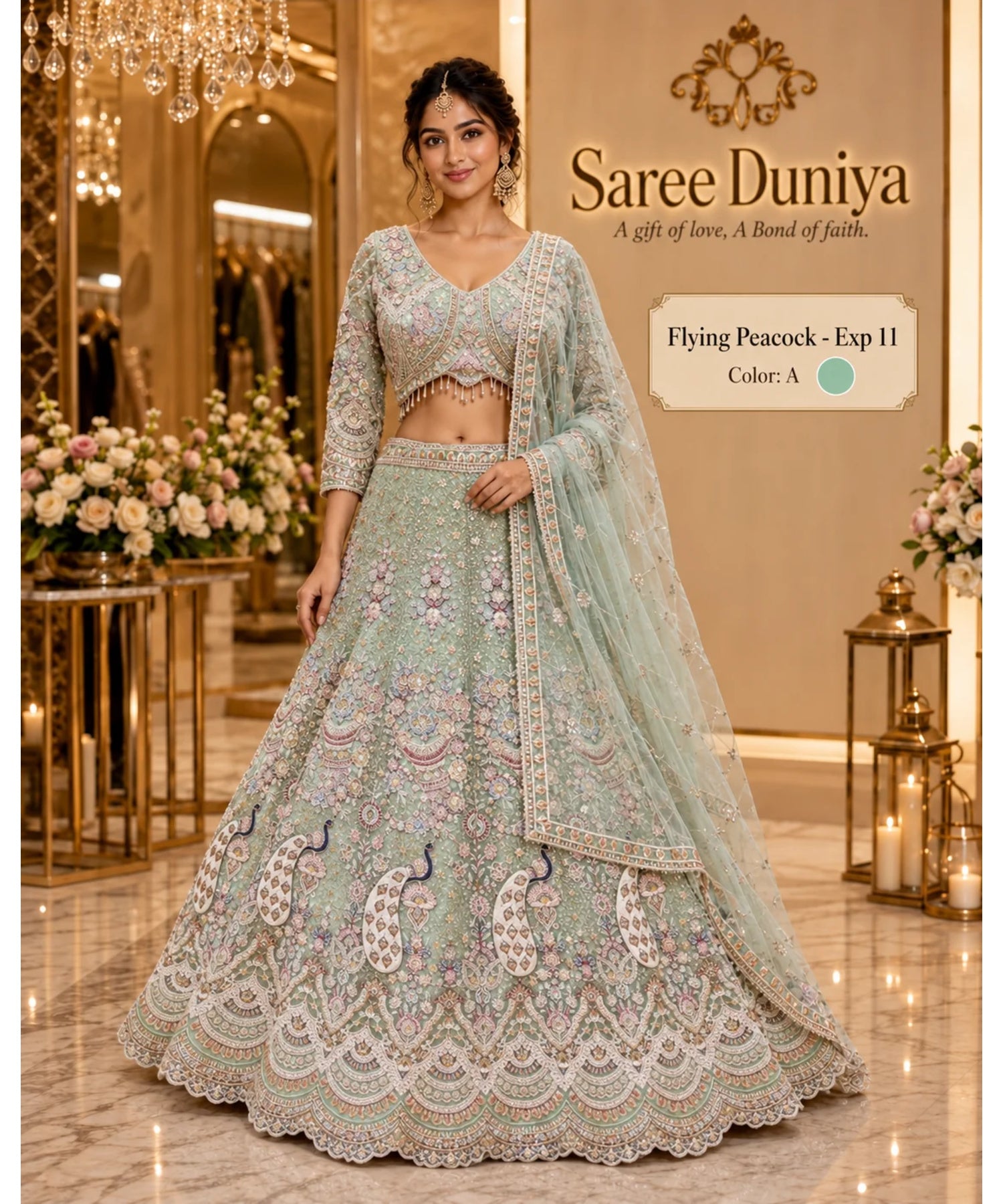 Saree Duniya Flying Peacock - Exp 11, Color A, size 44 - full-length model wearing embroidered peacock lehenga