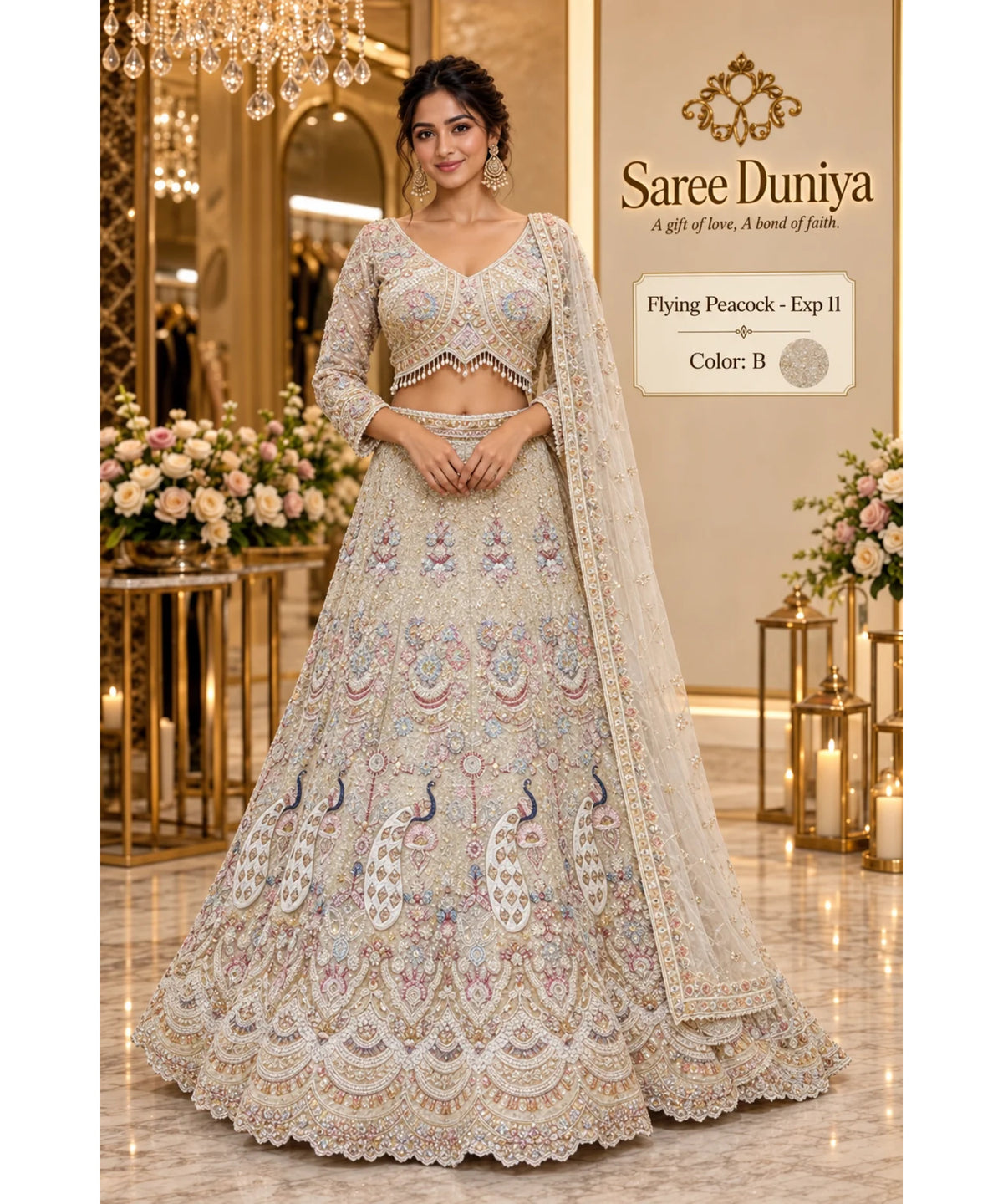 Saree Duniya Flying Peacock - Exp 11, Color B, size 44 - full-length model wearing embroidered peacock lehenga