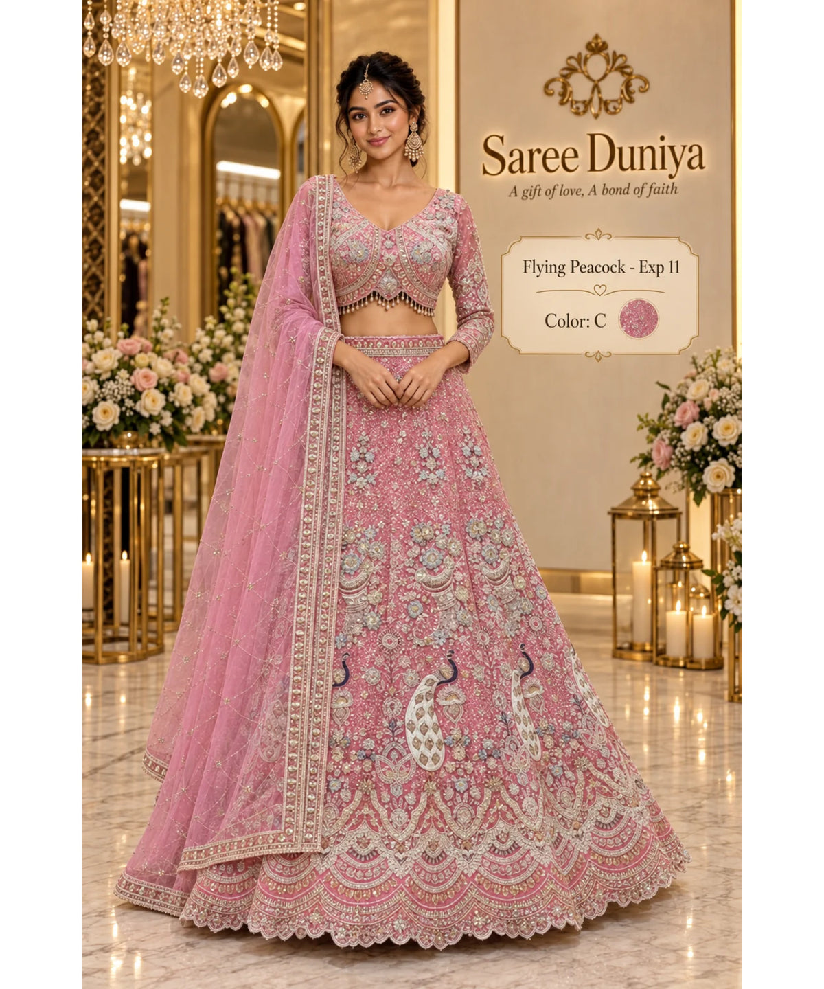 Saree Duniya Flying Peacock - Exp 11, Color C, size 44 - full-length model wearing embroidered peacock lehenga