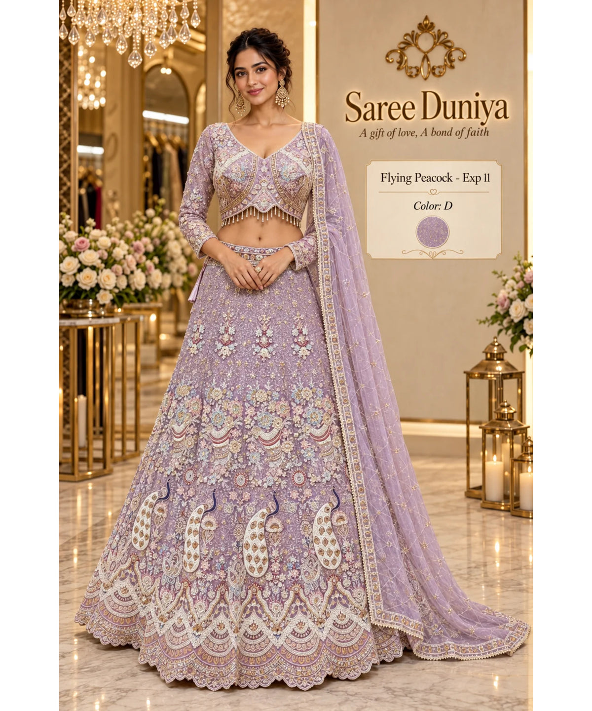 Saree Duniya Flying Peacock - Exp 11, Color D, size 44 - full-length model wearing embroidered peacock lehenga