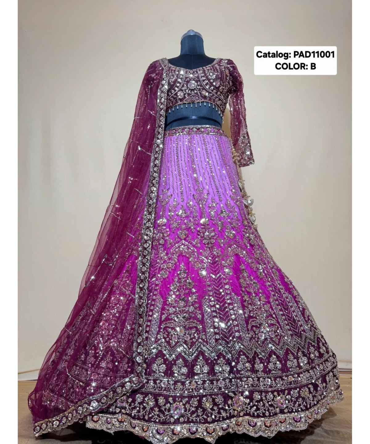 PAD11001 - Exp 11, Color B, size 42 - original mannequin photograph showing the fully stitched embellished designer lehenga.