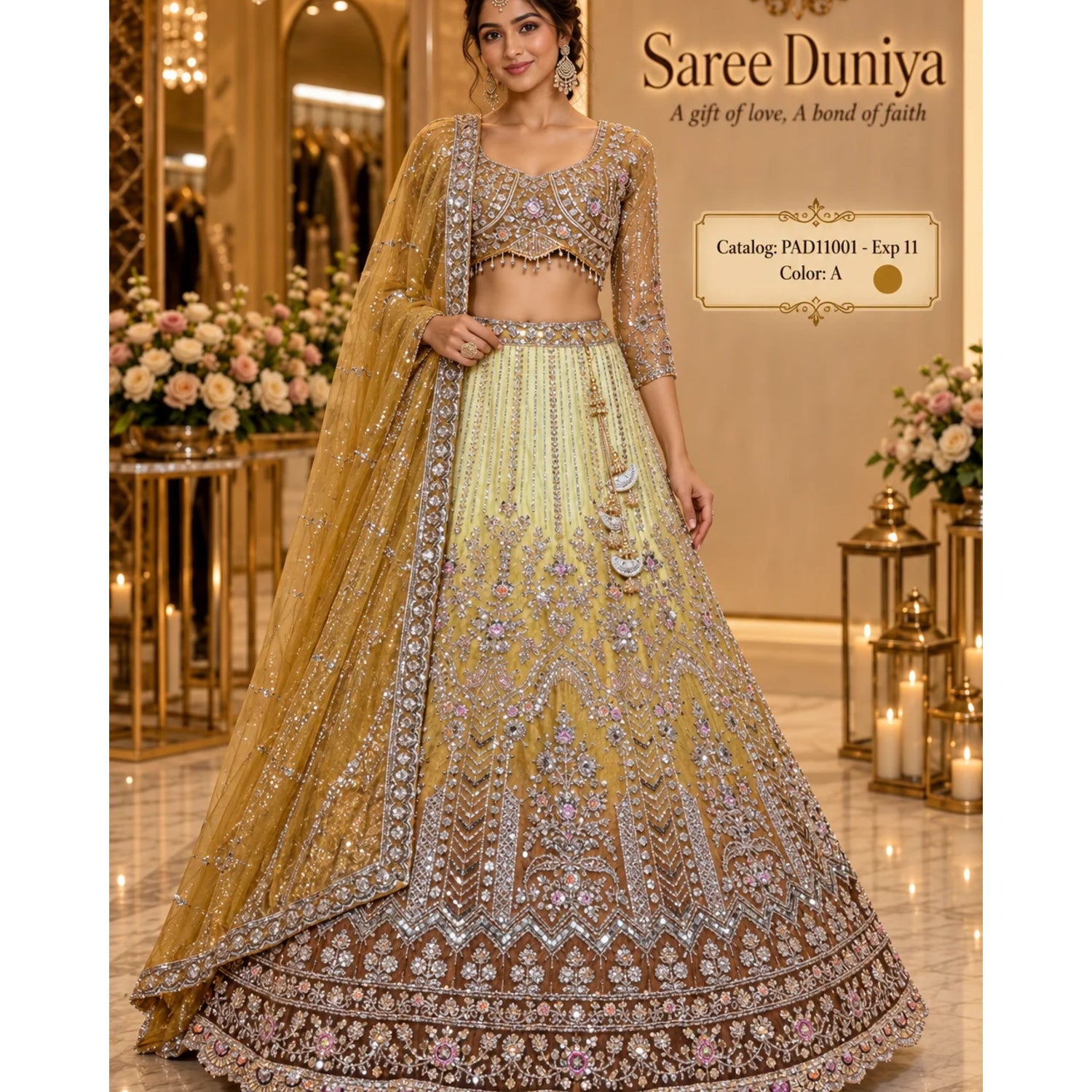 PAD11001 - Exp 11, Color A, size 42 - model wearing the mustard and lemon-to-brown ombre embellished lehenga in the Saree Duniya showroom.