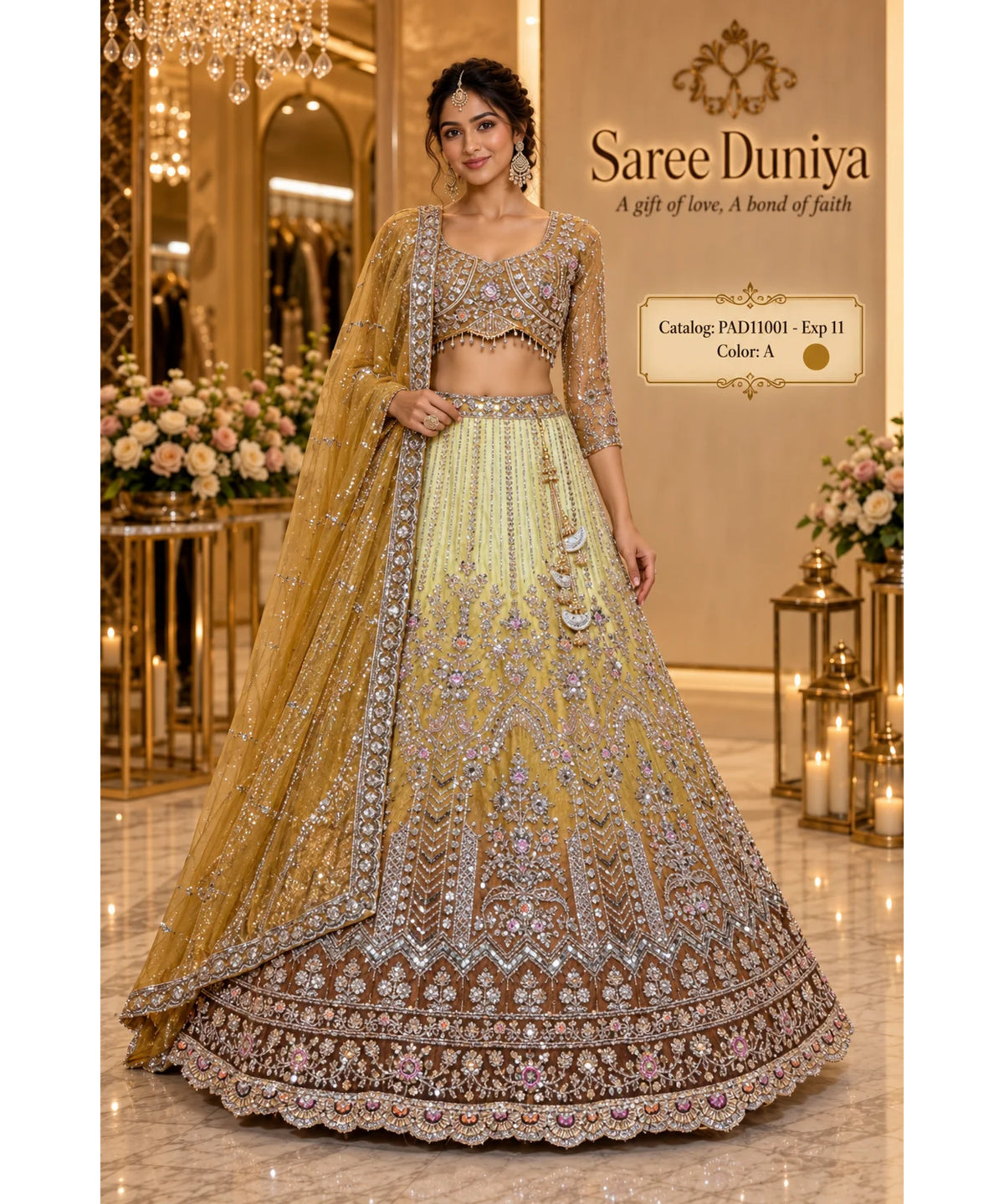 PAD11001 - Exp 11, Color A, size 42 - model wearing the mustard and lemon-to-brown ombre embellished lehenga in the Saree Duniya showroom.