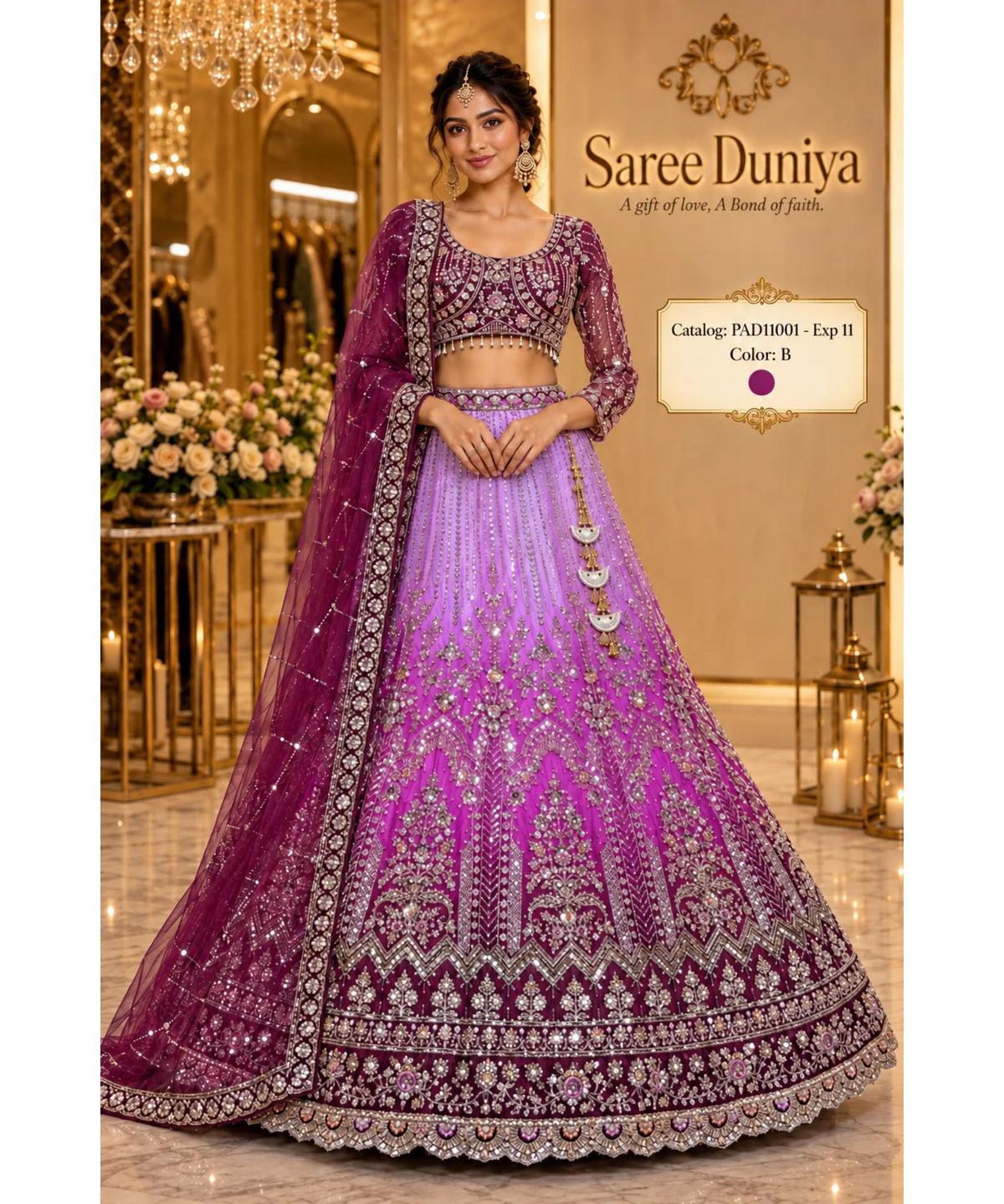 PAD11001 - Exp 11, Color B, size 42 - model wearing the lilac, magenta and plum ombre embellished lehenga in the Saree Duniya showroom.
