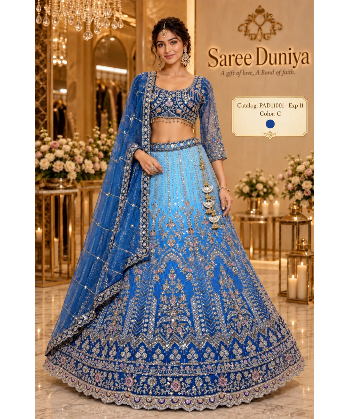 PAD11001 - Exp 11, Color C, size 42 - model wearing the sky blue and royal blue ombre embellished lehenga in the Saree Duniya showroom.