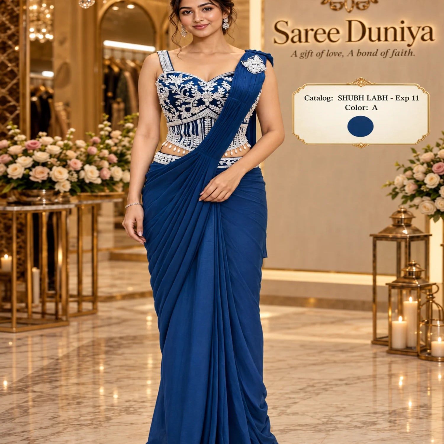 SHUBH LABH - Exp 11, Color A, size 40 - model wearing the designer ready-made saree in the Saree Duniya showroom.