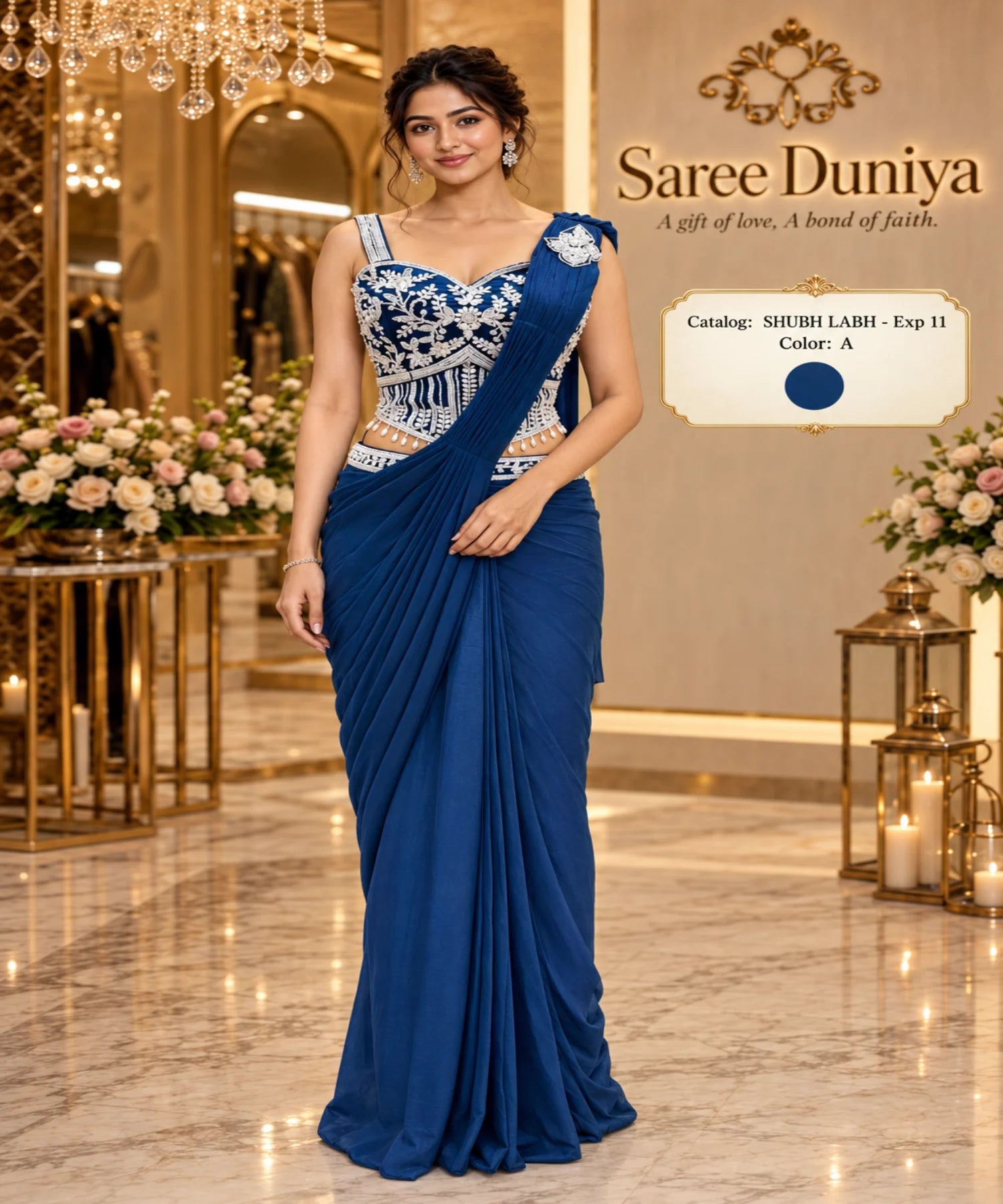 SHUBH LABH - Exp 11, Color A, size 40 - model wearing the designer ready-made saree in the Saree Duniya showroom.
