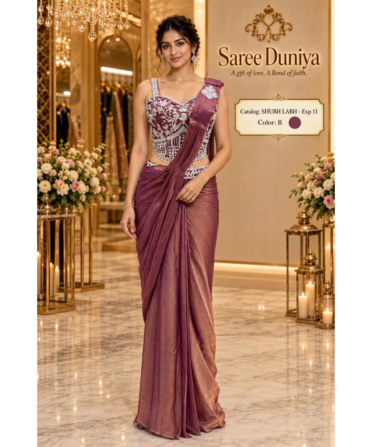 SHUBH LABH - Exp 11, Color B, size 40 - model wearing the designer ready-made saree in the Saree Duniya showroom.