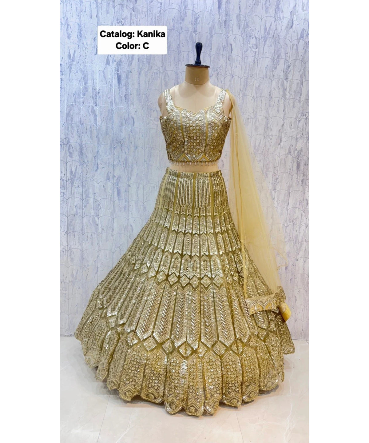 Catalog: Kanika - Exp 11. Color C, size 40. Original photograph of the fully stitched sequin-embellished lehenga, blouse and dupatta.
