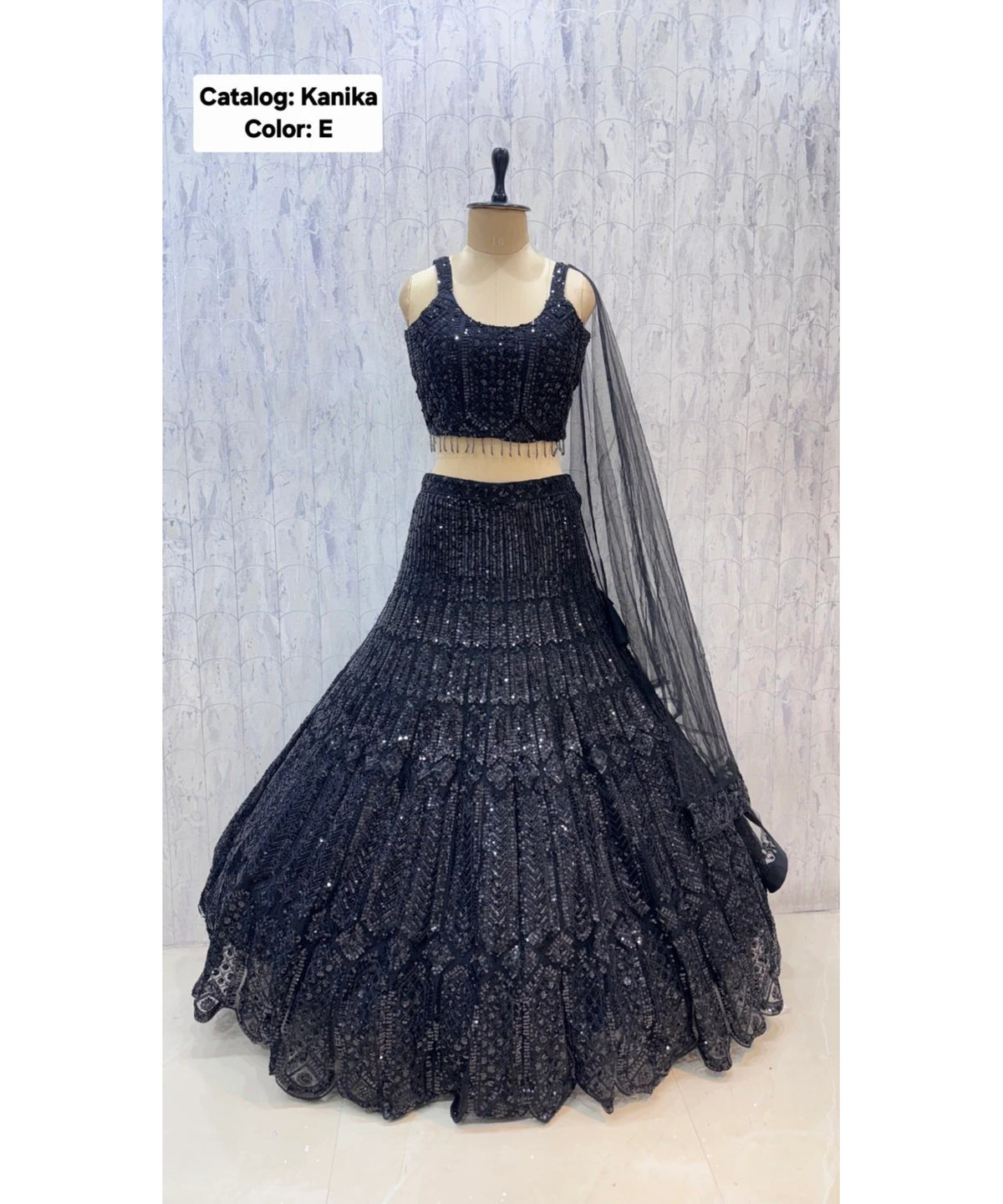Catalog: Kanika - Exp 11. Color E, size 40. Original photograph of the fully stitched sequin-embellished lehenga, blouse and dupatta.