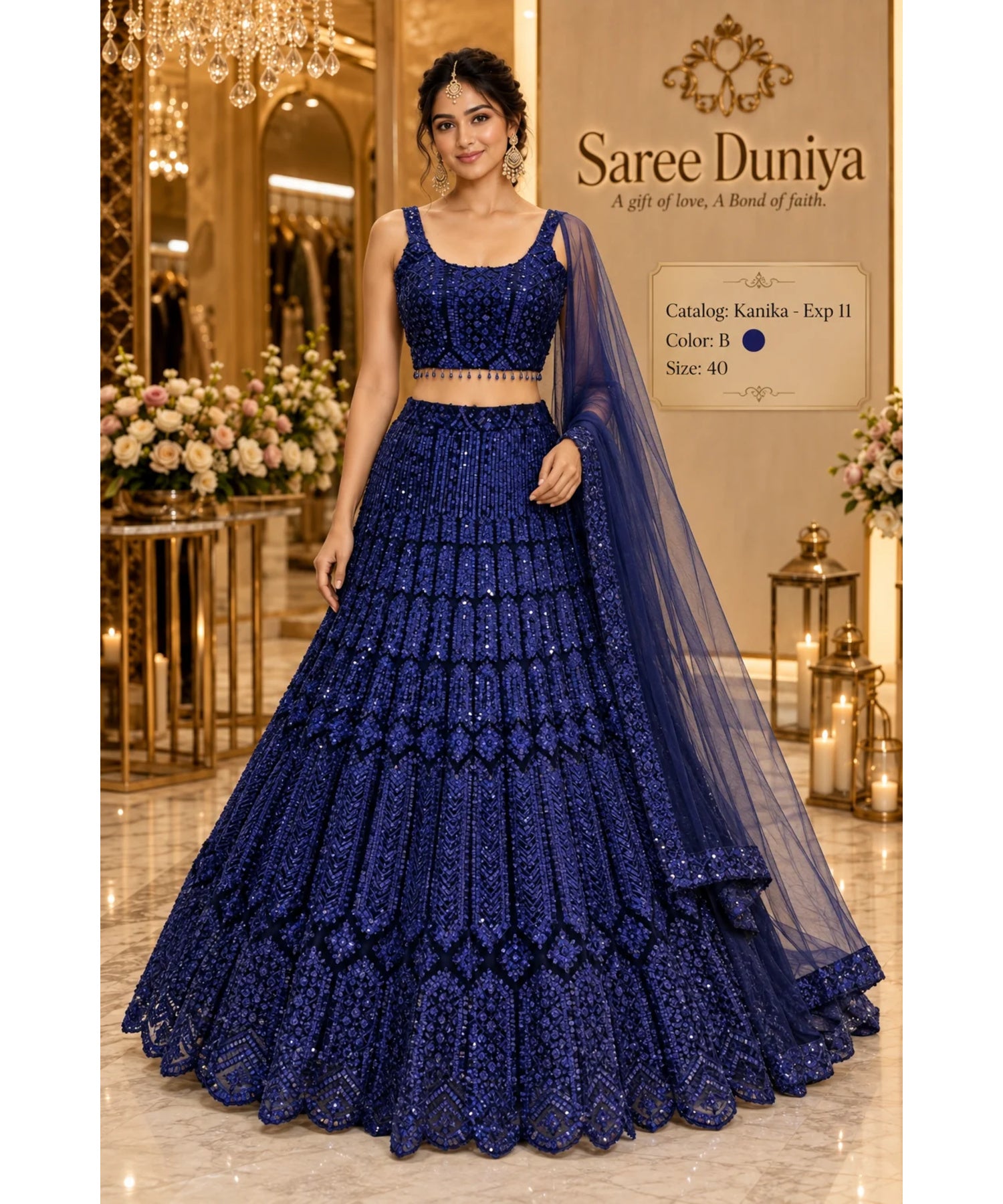 Saree Duniya Catalog: Kanika - Exp 11. Color B, size 40. Model wearing the fully stitched sequin-embellished lehenga with coordinating blouse and sheer dupatta.
