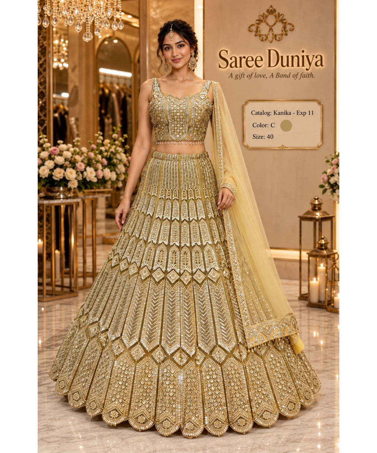 Saree Duniya Catalog: Kanika - Exp 11. Color C, size 40. Model wearing the fully stitched sequin-embellished lehenga with coordinating blouse and sheer dupatta.