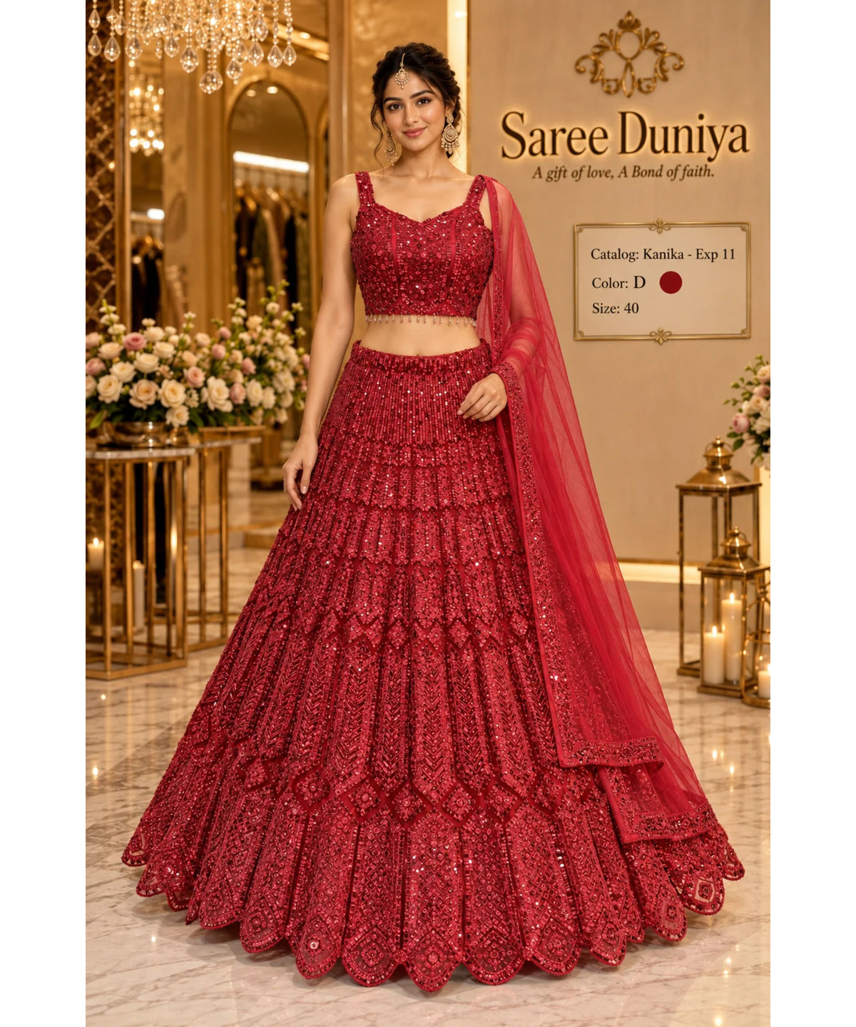 Saree Duniya Catalog: Kanika - Exp 11. Color D, size 40. Model wearing the fully stitched sequin-embellished lehenga with coordinating blouse and sheer dupatta.